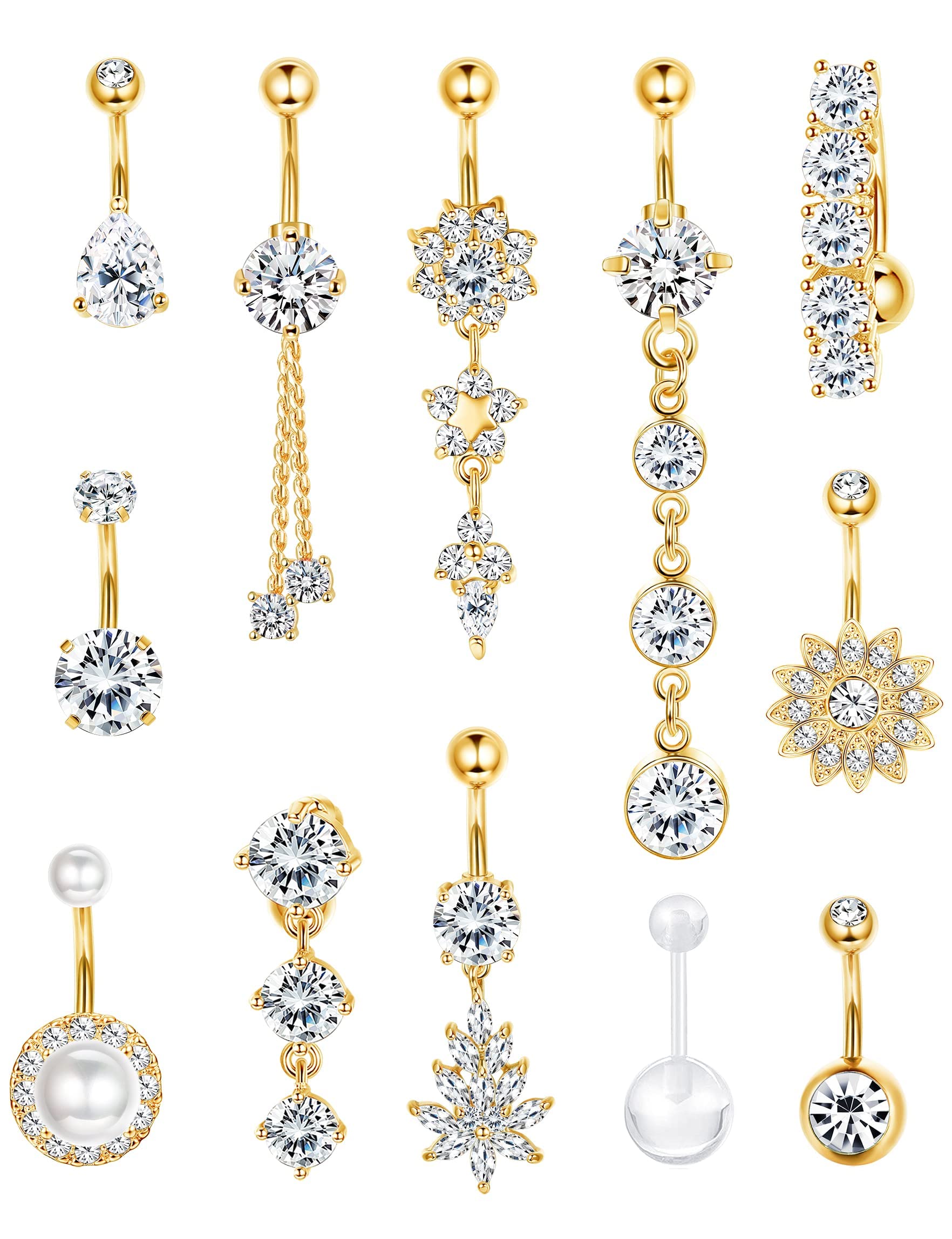 JeryWe12pcs 14g 316L Stainless Steel Belly Button Piercing Jewelry