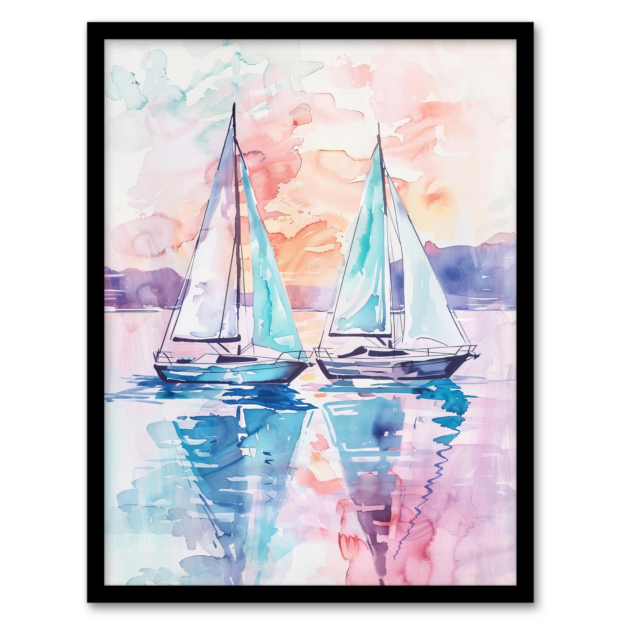 Artery8 Sailboats at Sunset Seascape Watercolour Painting Bathroom Toilet Artwork Framed Wall Art Print A4