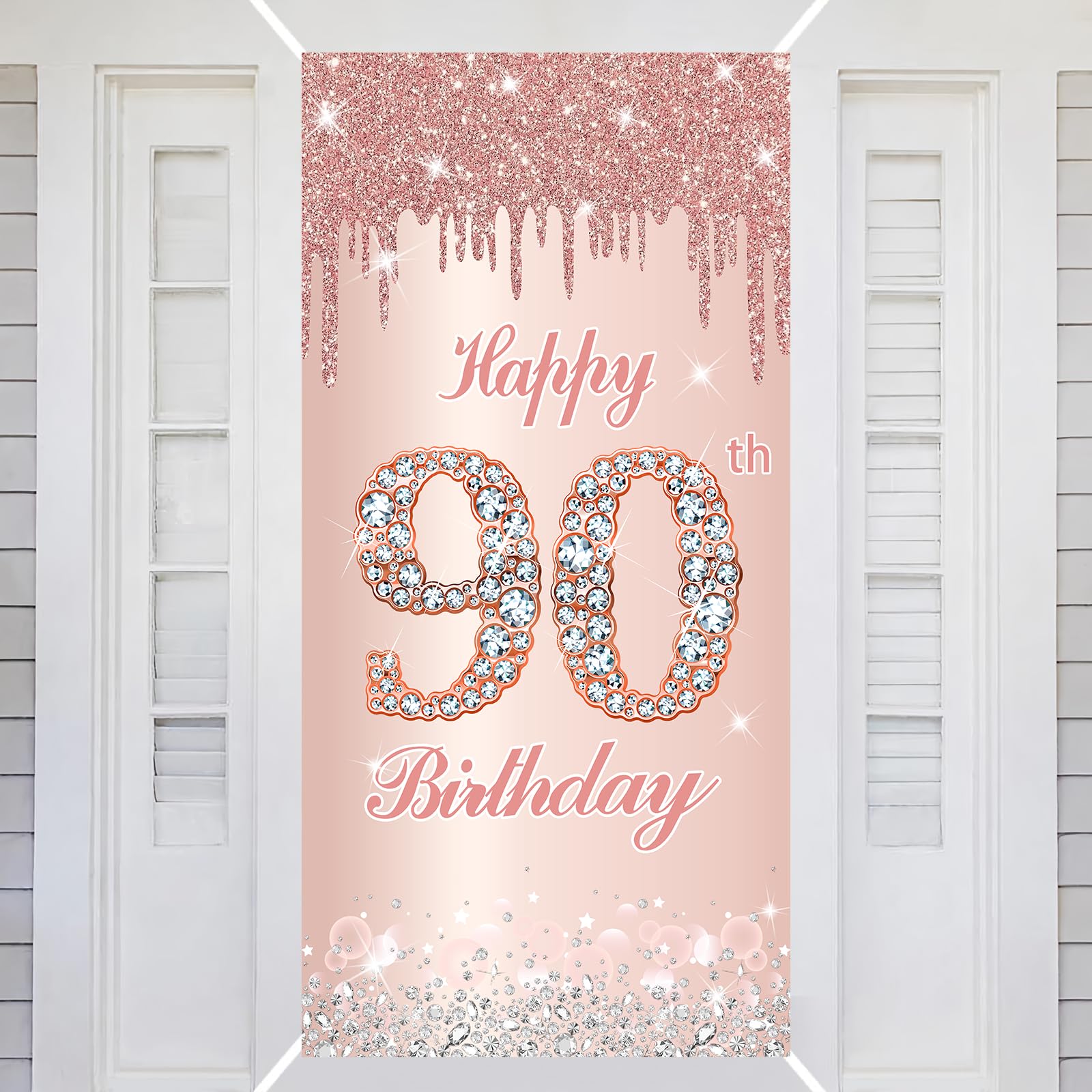 90th Happy Birthday Decorations Door Banner Pink Rose Birthday Banner for Party Backdrop for Women Door Cover Party Decoration Supplies Poster — image 1