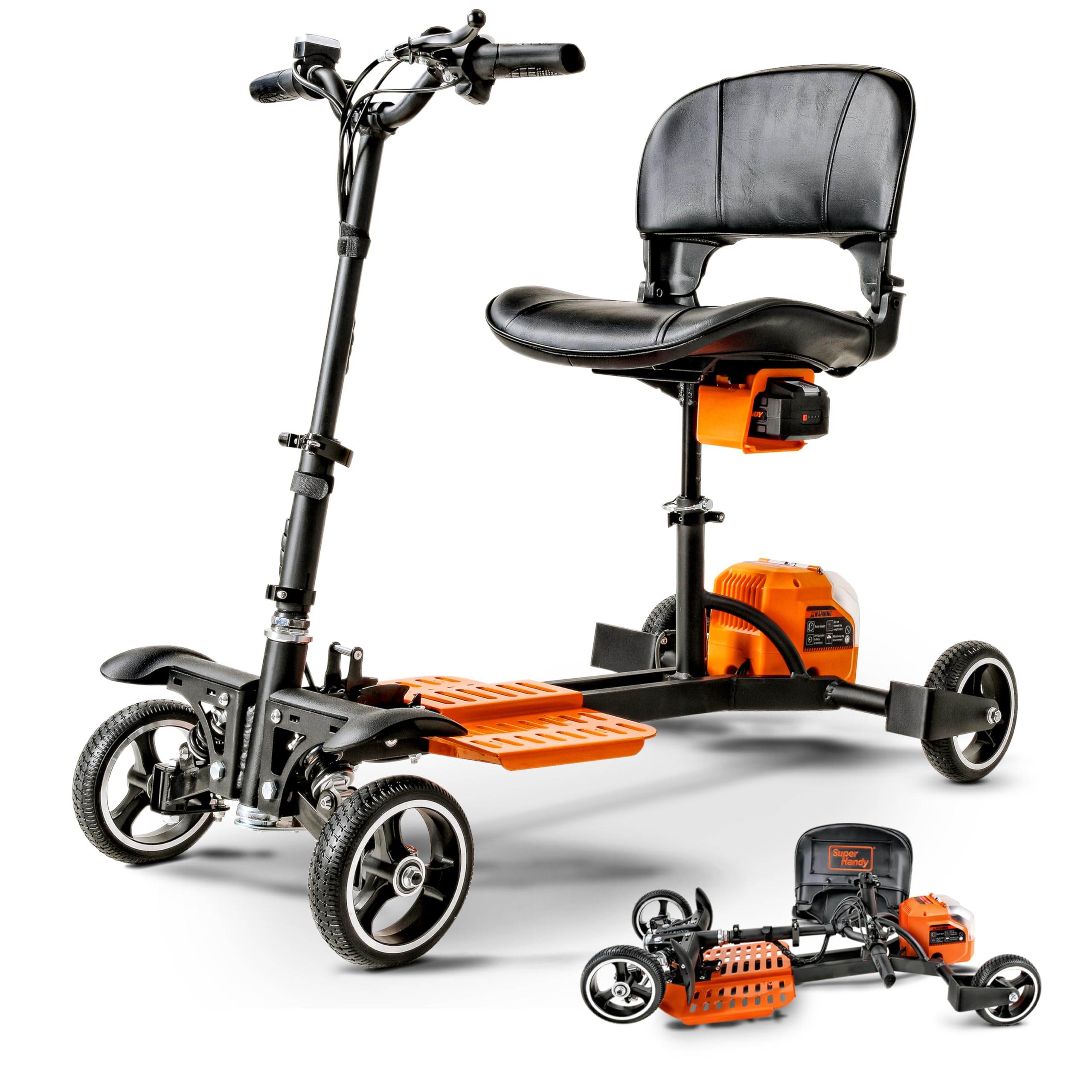 SuperHandy 4 Wheel Mobility Scooter – Lightweight, Electric, Foldable Compact Design, 48V Li-Ion Battery, Indoor & Outdoor Use, Adjustable Comfort (Orange & Black, Passport Pro)