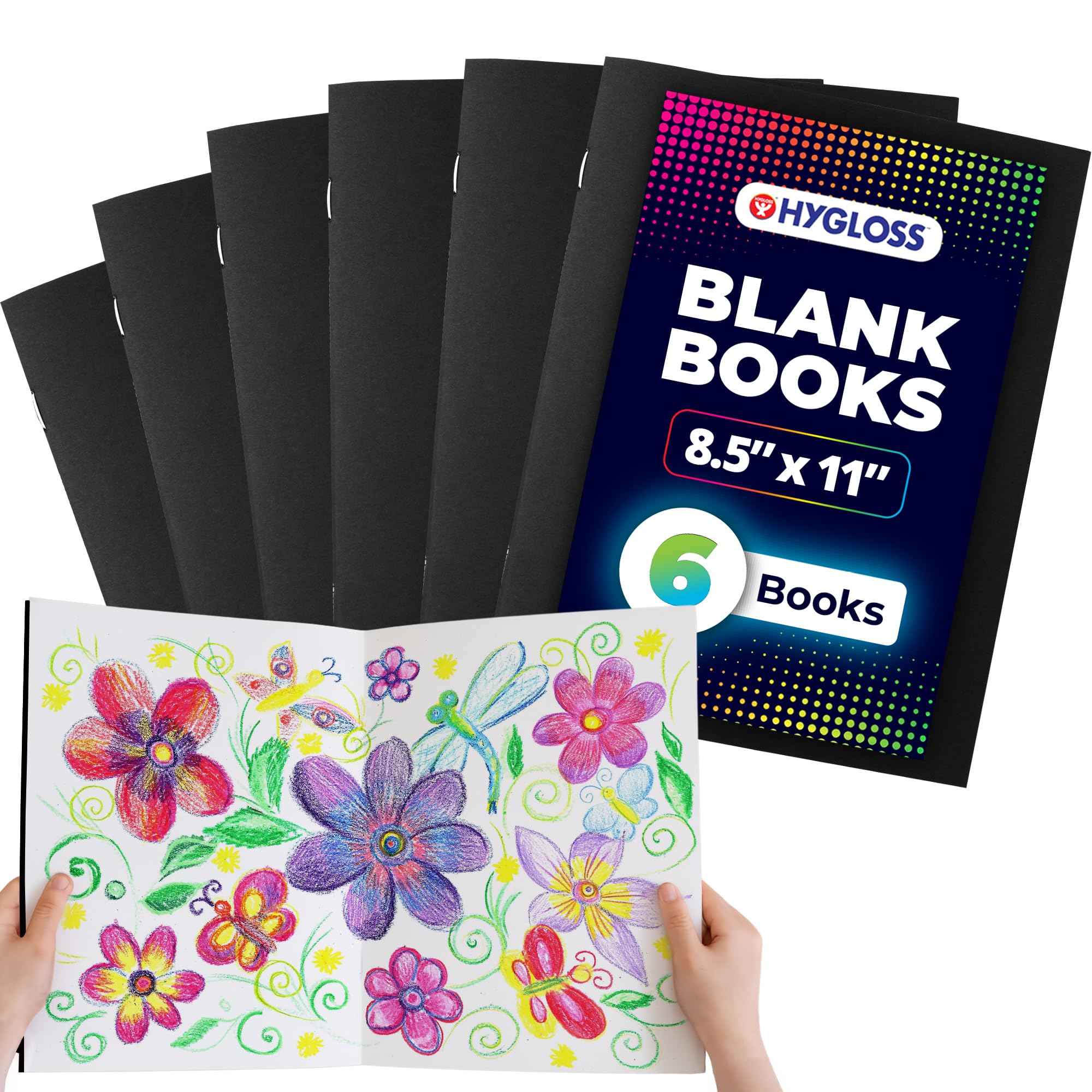 Hygloss Libros en blanco de 8.5 x 11 pulgadas, paquete de 6, tapa blanda de color negro para dibujar y escribir, libros vacíos para diario, bocetos o artes y manualidades
