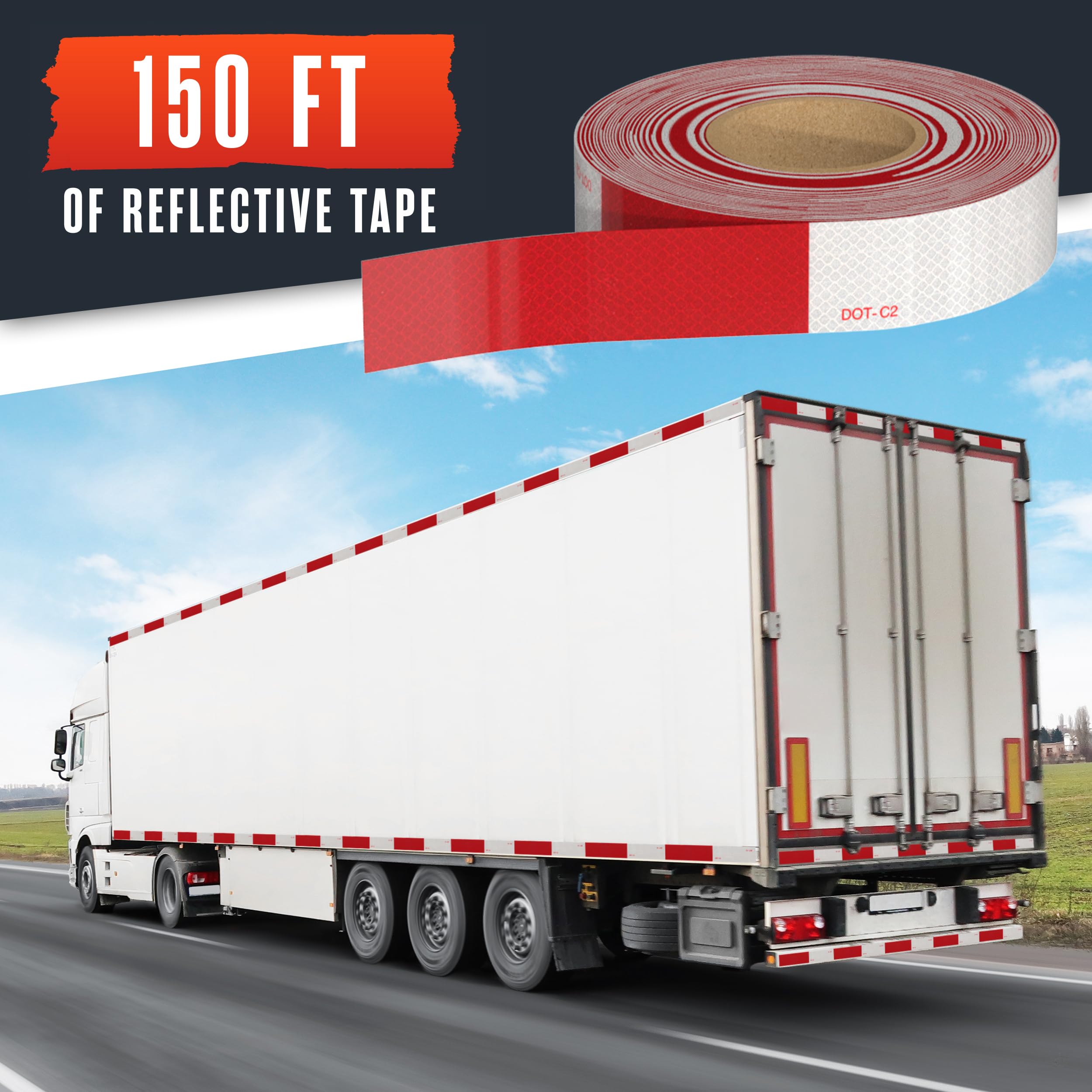 DOT-C2 Reflective Tape Roll - 2 Inch X 150 Feet, Yellow/Orange, For Trucks, Trailers, Boats