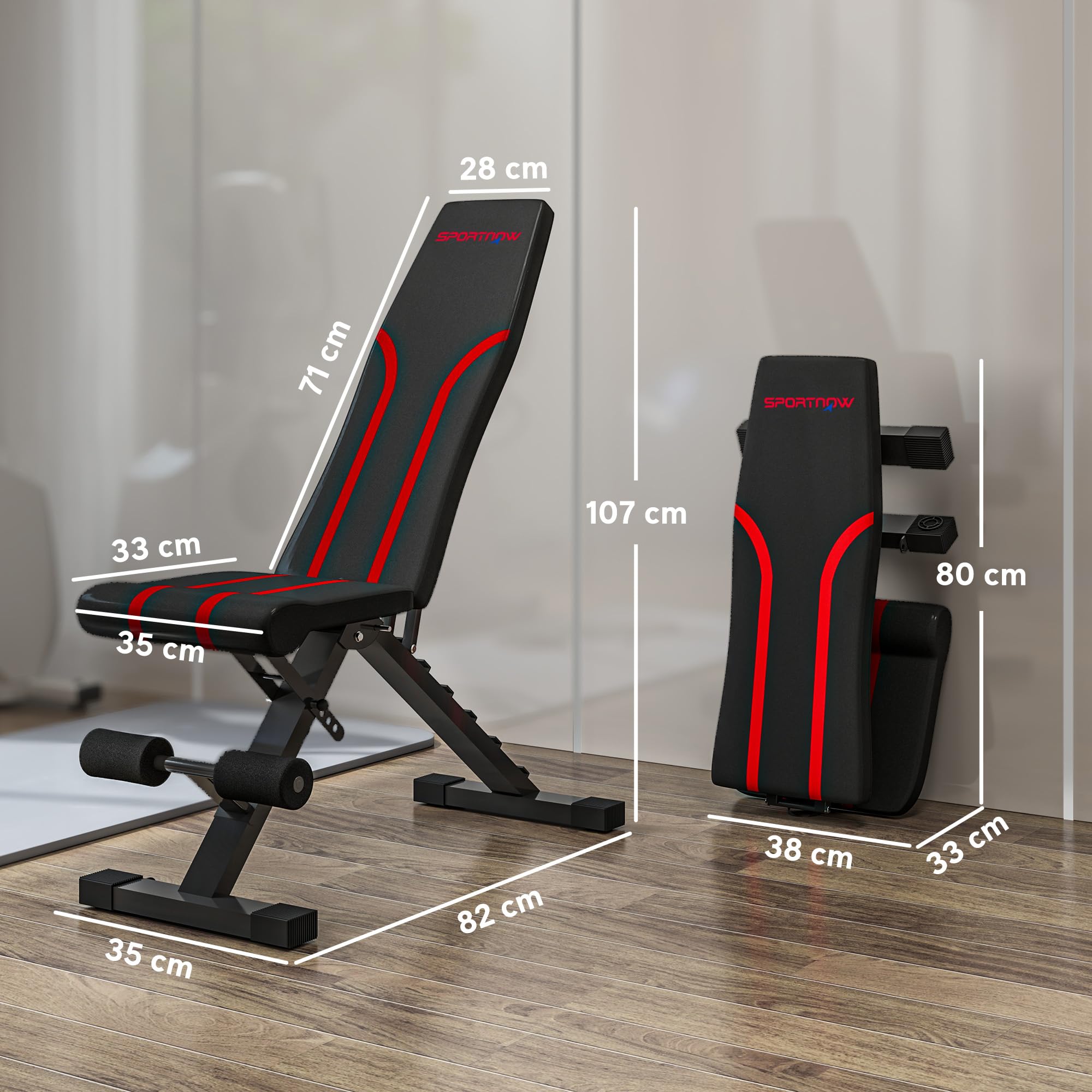 SPORTNOW Banco de Pesas de Musculación Regulable Plegable 250 kg Negro | Banco de Abdominales, Entrenamiento de Cuerpo Completo, en Casa y Gimnasio
