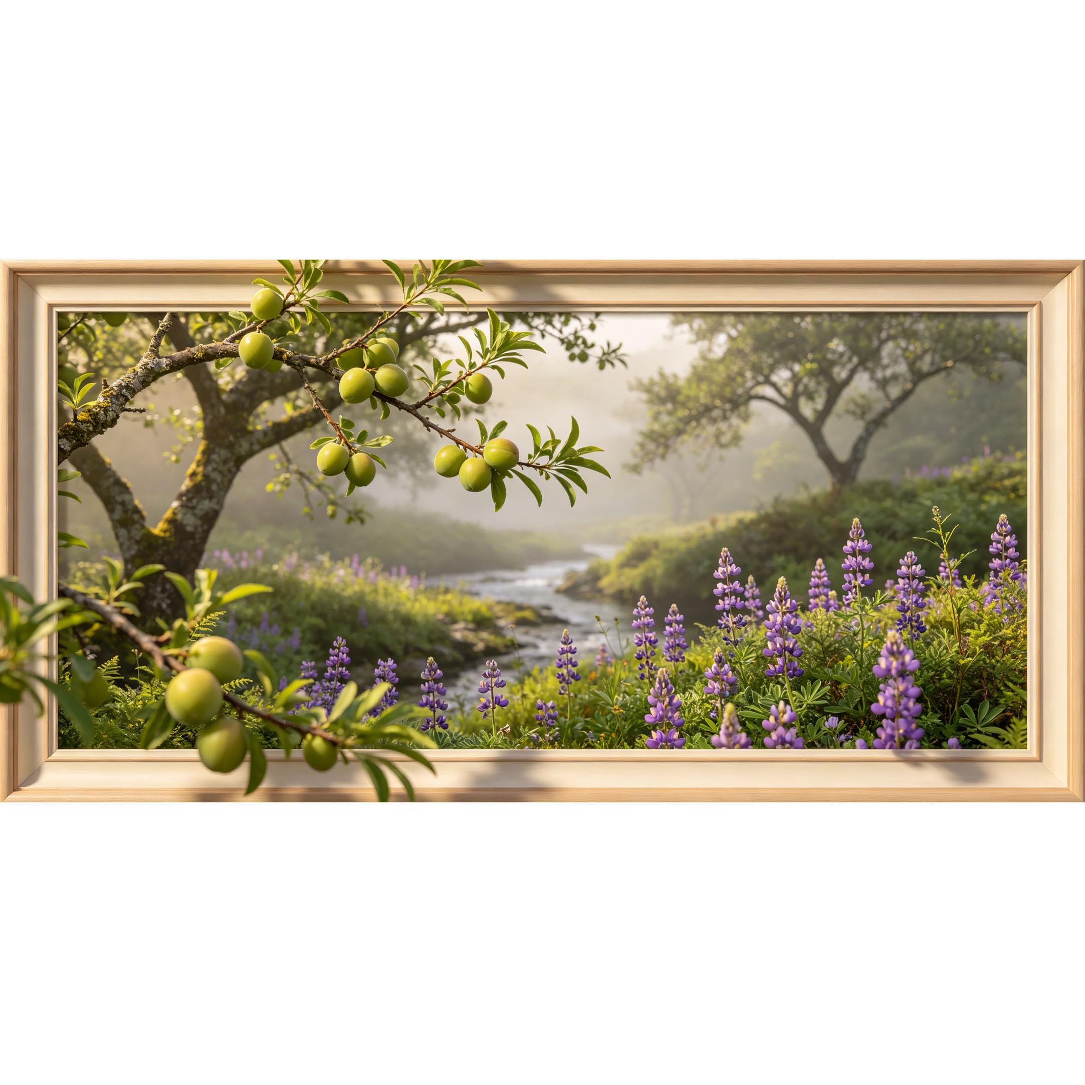 Agglomerix 3D Framed Wall Art Green Plum Fruit Lupine Flowers River Landscape Botanical Large Size SelfAdhesive Removable Wall Decor Prints Artwork for Living Room Bedroom Office