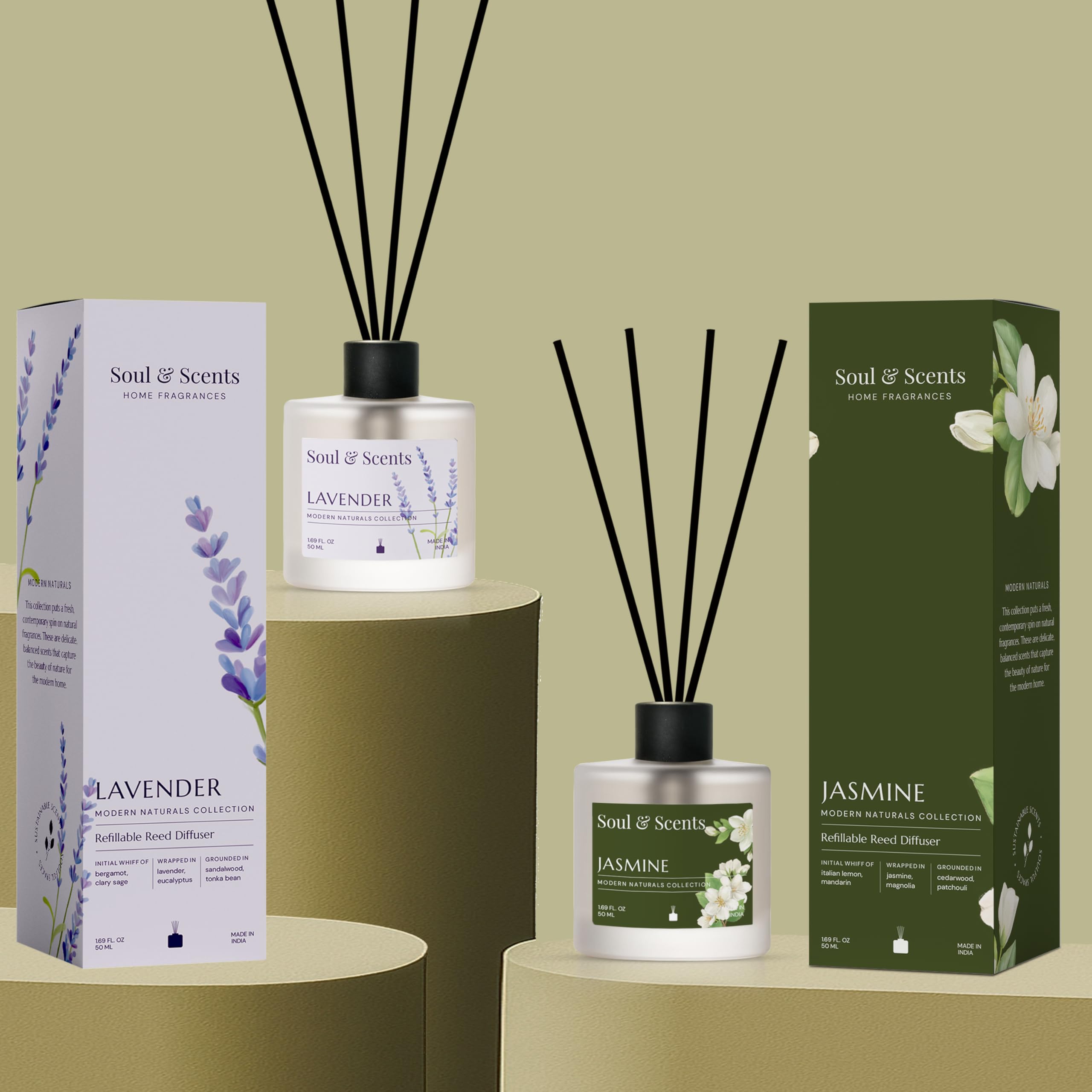 Soul & Scents Lavender and Jasmine Reed Diffuser Set - 100ml with Free 10 Rattan Reed Sticks| Toxin Free & Stress Relief| Long Lasting | Room Freshener for Home, Bedroom & Office| Combo Pack of 2