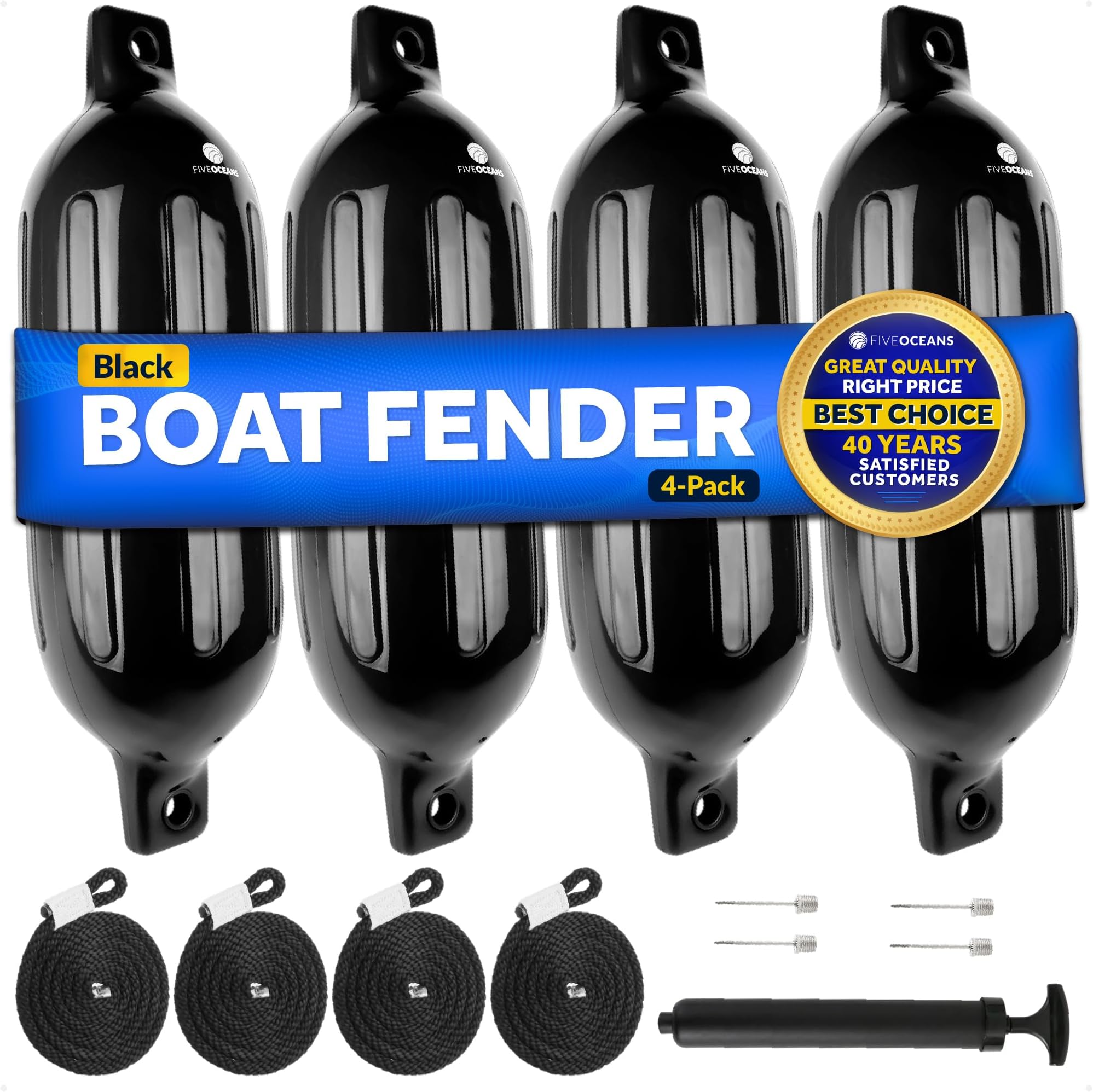 Five Oceans Twin Eye Ribbed Boat Fender Kit, Inflatable Boat Bumpers for Docking with Fender Lines 3/8-Inch x 5Ft, Multiple Size