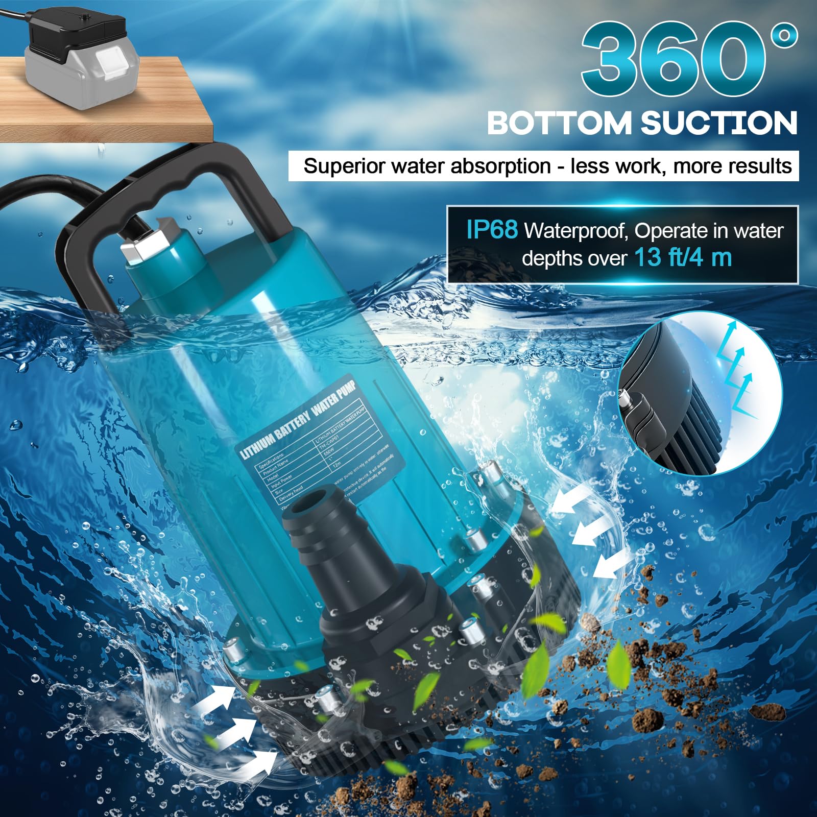 Akku Tauchpumpe Wasserpumpen für Makita 18V (ohne Akkus), Klarwasserpumpe Tauchwasserpumpe mit Sicherheitsdeckel 10 m Schlauch für Pool, Wasserbetten, Abwasserpumpe, Pooldeckung (SET1-ohne Akkus)