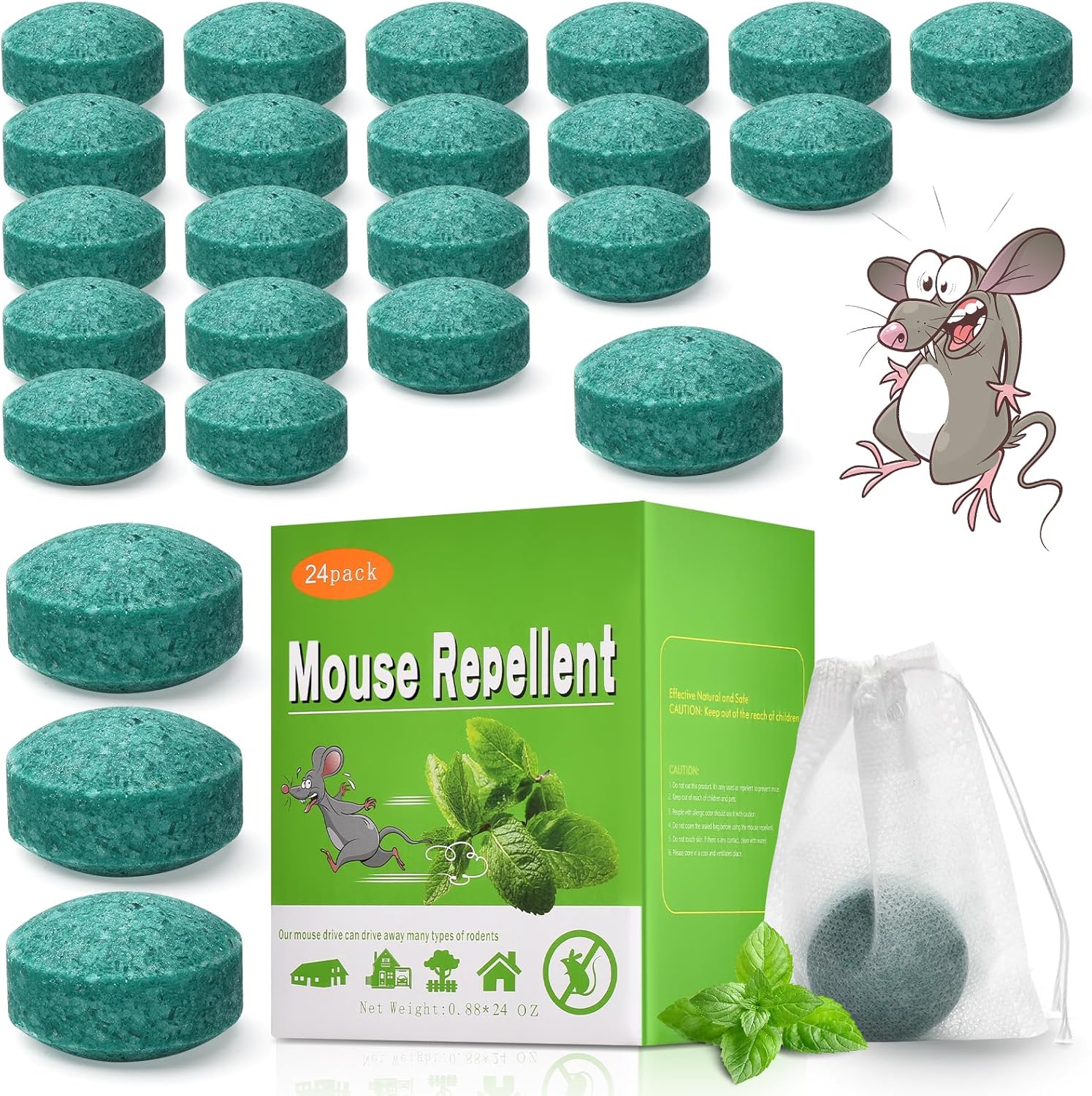 Mouse Rodent Repellent, 24 Pack Peppermint Oil Moth Balls for Rodents Indoor Outdoor Use, Safety for Humans & Pets, Squirrel Repeller, Spiders, Defense for Car Engines House