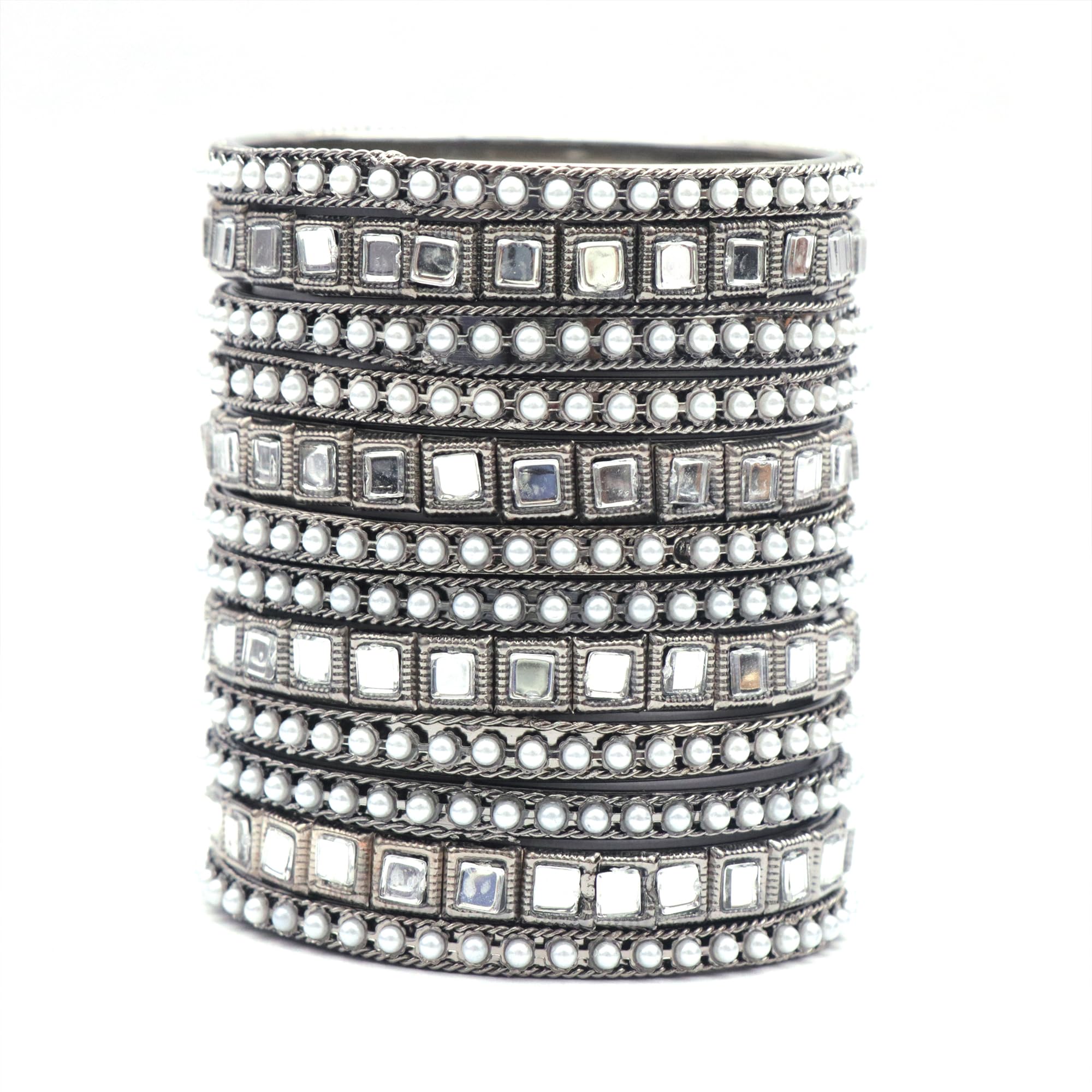 Navjai Pearl and Glass Mirror Black Oxidised Kada bangle Set Stylish Wedding & Party Traditional Latest Bangles Bracelets for Women & Girl (Pack of12) Metal Churi Set (2.2) (B0CB8R1S7F) Amazon Price History, Amazon Price Tracker