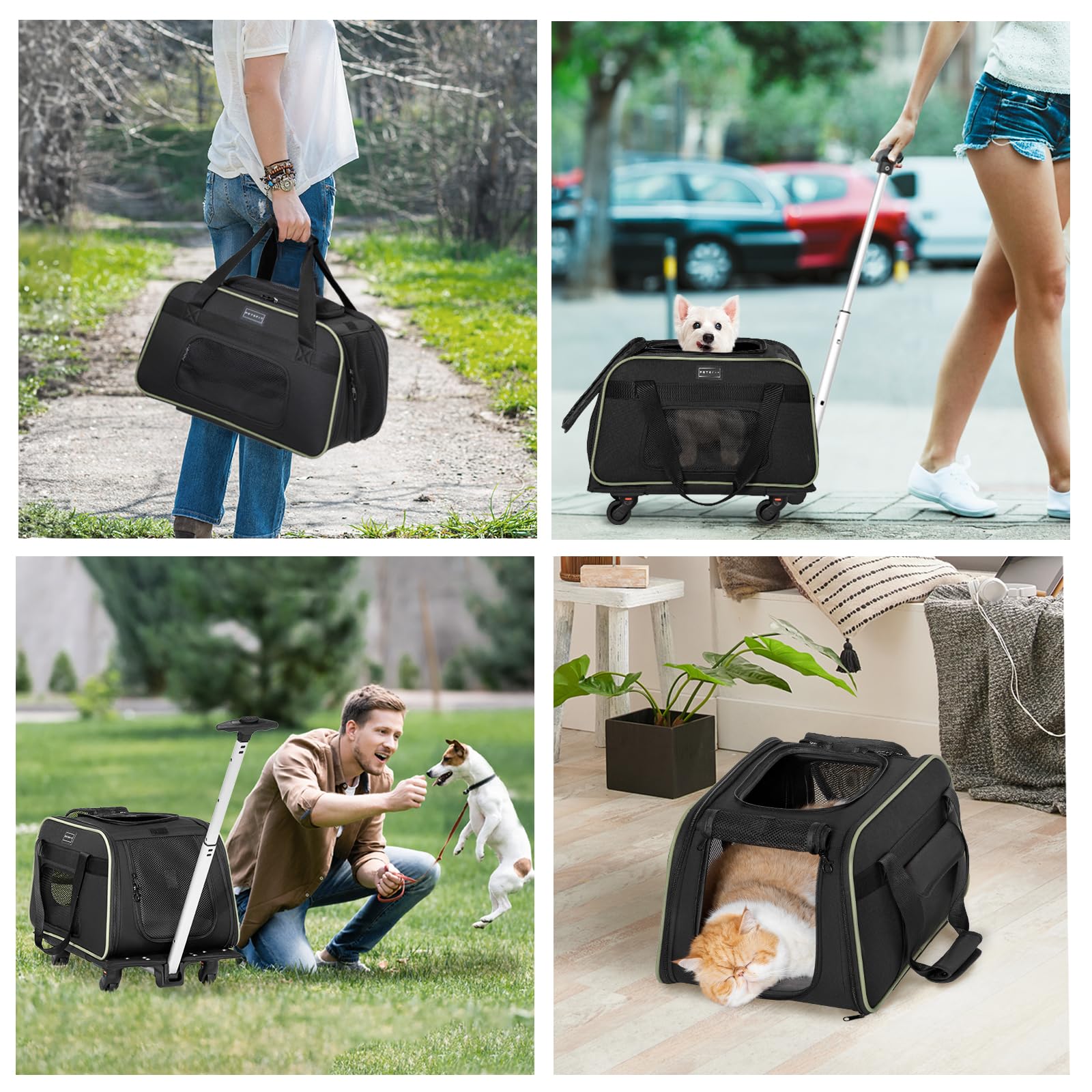 Petsfit Cat Carrier with Wheels Airline Approved, Pet Dog Carrier with Wheels for Small Dogs, Rolling Cat Carrier for Cats Puppy Stroller Detachable and Foldable Pet Travel Bag, Black&Green - image 7