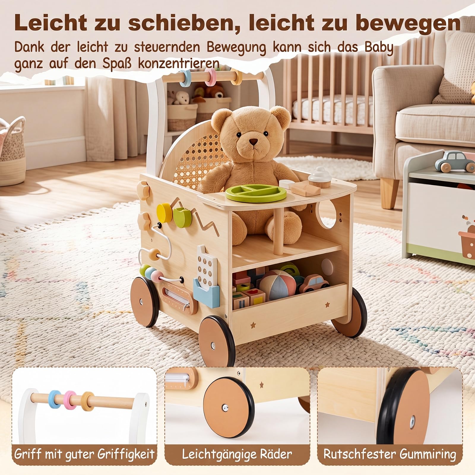 COSTWAY Montessori Baby wózek do nauki chodzenia z drewna, wielofunkcyjny | Baby Walker z wielofunkcyjnym centrum aktywności, zabawka do biegania z kółkami i schowkiem, dla chłopców i dziewczynek od 1