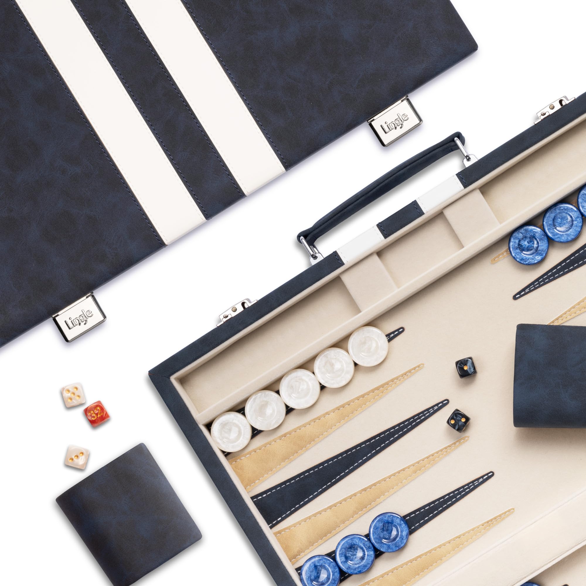 Lingle Backgammon-Sets für Erwachsene, 46cm x 38cm klassisches Brettspiel mit faltbarem Leder-Backgammon-Etui, Kunstleder-Außenseite und Samt-Innenseite, tragbares Reisespiel-Set (Blue)