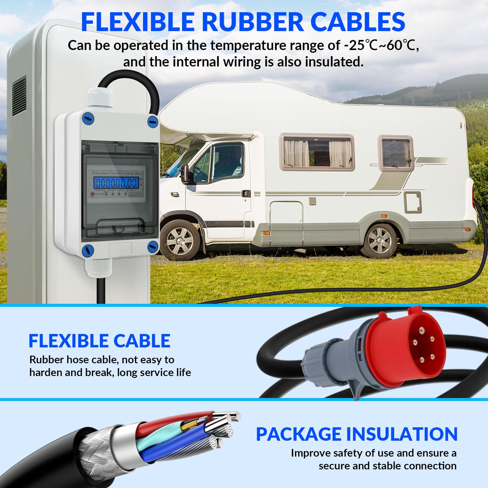 Contador de electricidad móvil 32A CEE con Pantalla Digital, Contador electrico Digital Movil 230V, Contador Movil Enchufe para Camping, Caravanas, Vehículos Eléctricos, Obras, Contador Móvil