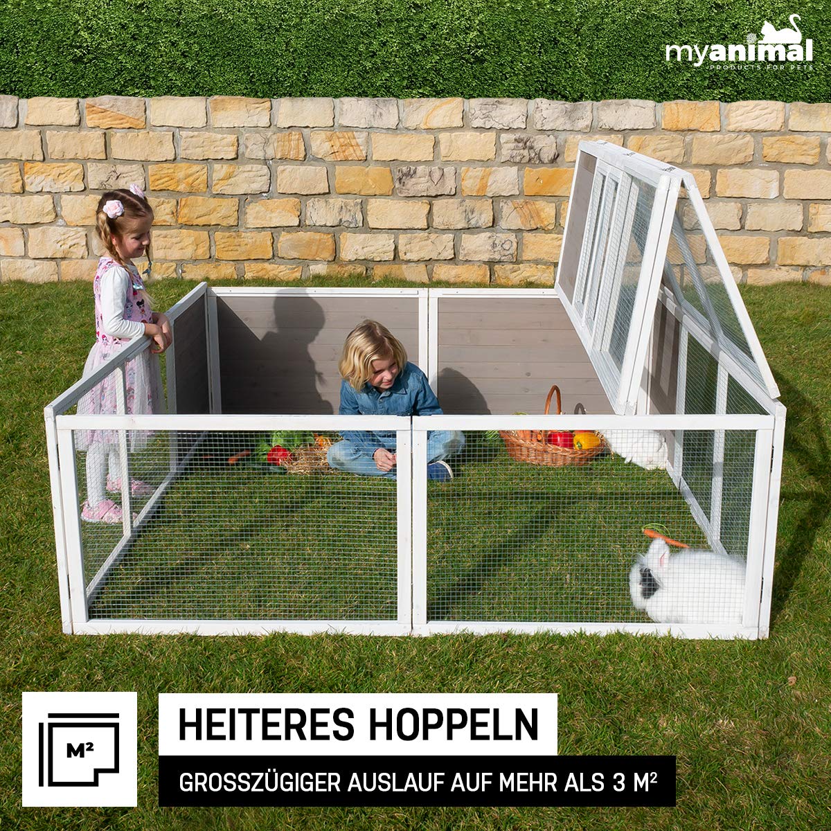 Miweba MyAnimal Hasenstall MH-06 | 180x180x60 cm - Kaninchenstall - XXL Freilaufgehege - Hasenkäfig - Kleintierkäfig - Holz imprägniert - Kaninchenkäfig Winterfest - Käfig - Hasenhaus (Grau/Weiß)