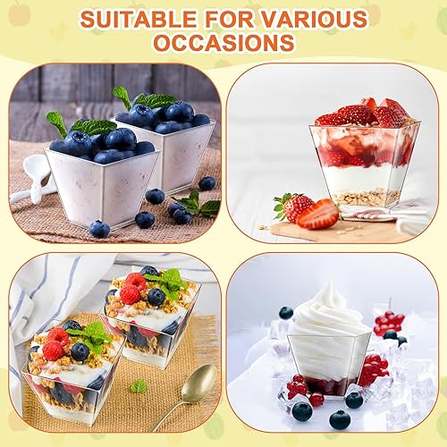 Miniatura 5 de 600 tazas de plástico para postre de 34 onzas tazas de parfait con tapas y cucharas mini tazas de aperitivo tazas cuadradas transparentes