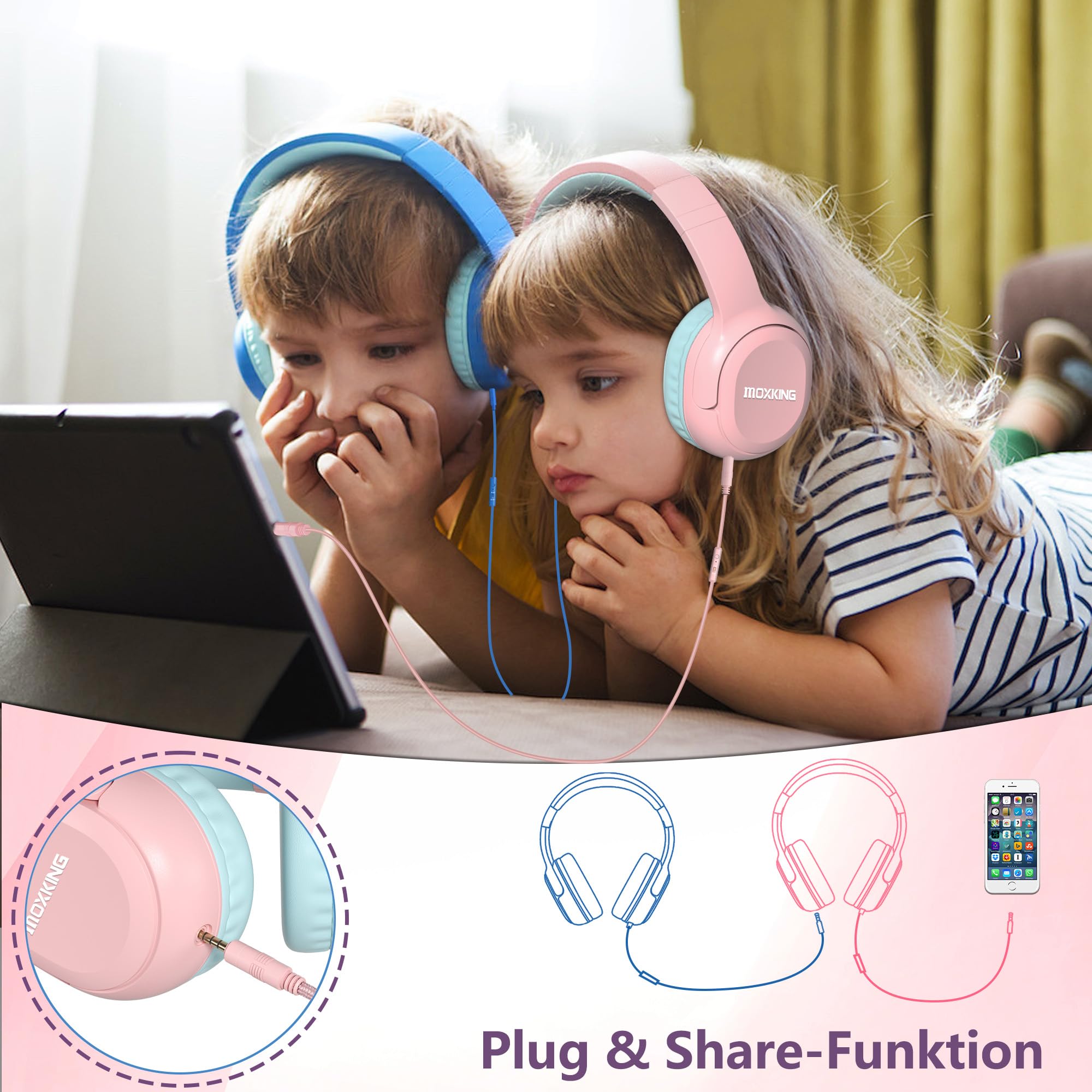 Kinder Over-Ear Kopfhörer mit Kabel und Mikrofon, Lautstärkebegrenzung 85/94 dB, Faltbares Design, für Mädchen & Jungen, Rosa, 3,5mm