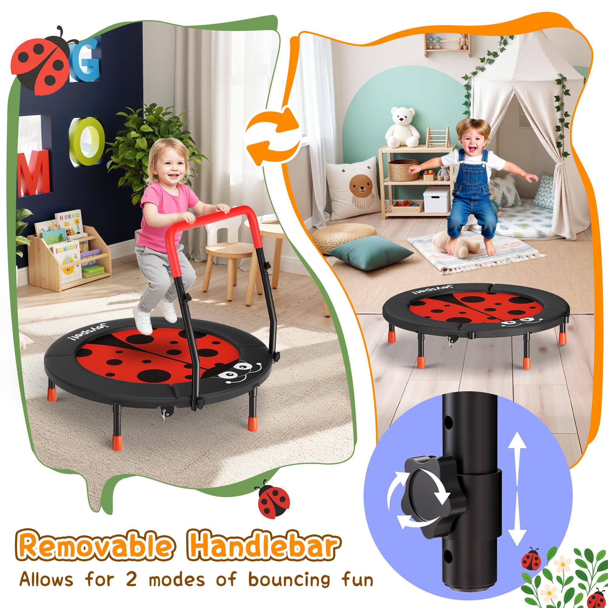JOY SPOT! Trampolin Kinder Indoor Outdoor, Ø91cm Mini Trampolin mit Verstellbarer Haltegriff, Faltbares Kindertrampolin bis 45 kg, Fitness Rebounder mit Sicherheitspolster für Kleinkind 3-12