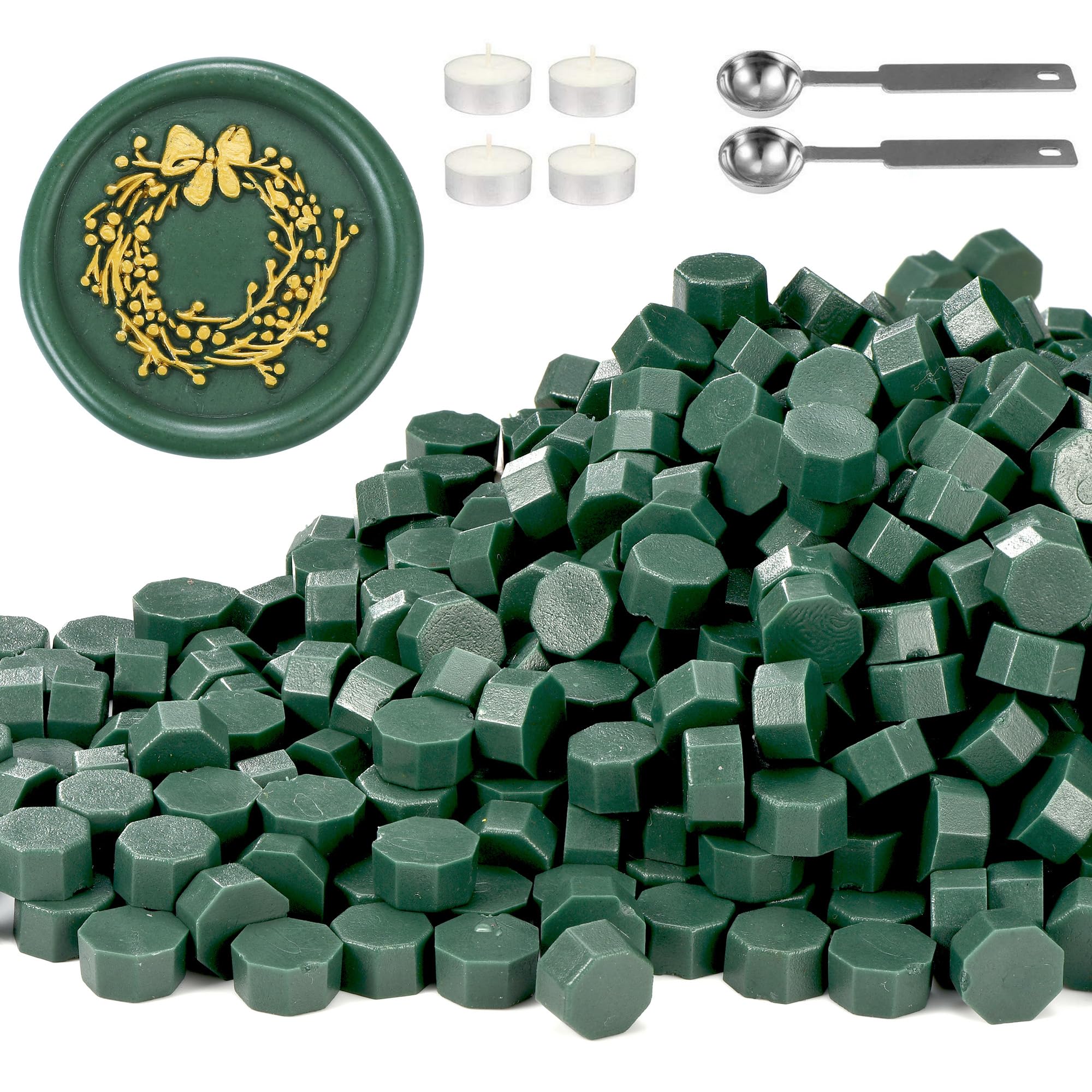 Yoption 360Pcs Olive Green Sealing Wax Beads, Hexagon Wax Seal Beads with 4Pcs Tea Candles and 2 Spoons for Wedding, Christmas, Gift, Envelopes
