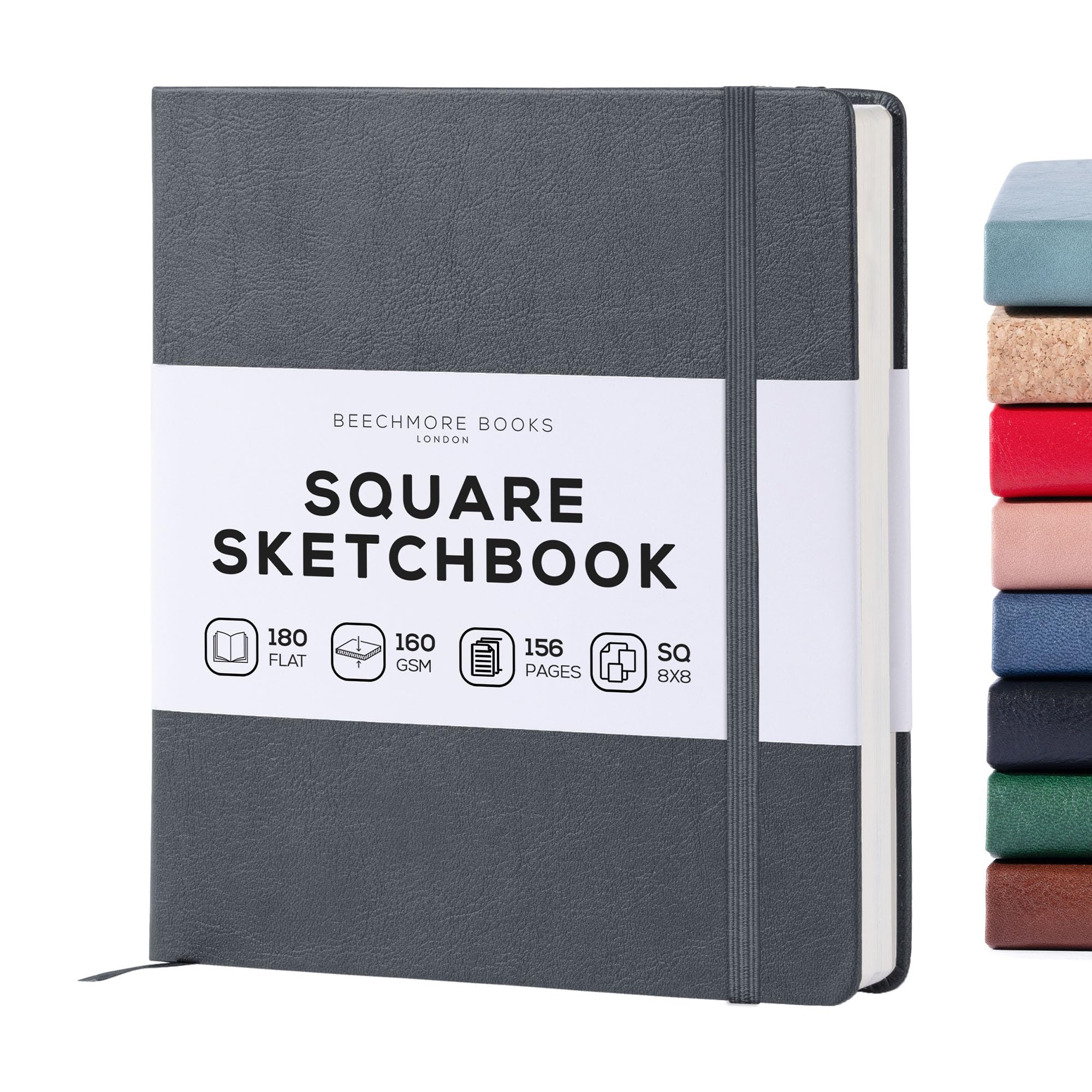 Beechmore Books Graphite Grey Square Mixed Media Sketchbook – 8”X8” Inch Professional Art Journal, 160 Gsm / 98 Lb Ivory Paper, Perforated Pages, Vegan Leather Hardcover, Lay-Flat Design For Drawing & Doodling