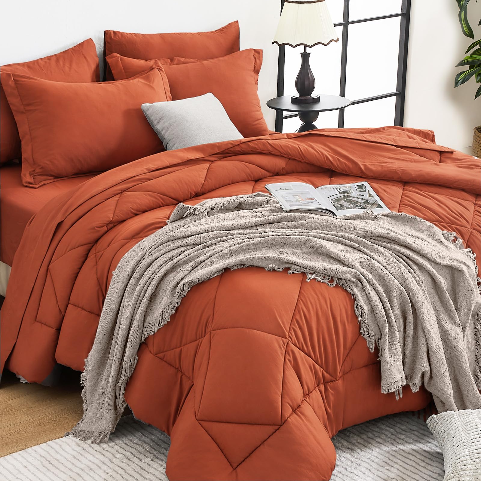 HEVUMYI 7-Piece King Comforter Set, Burnt Orange Bed in a Bag