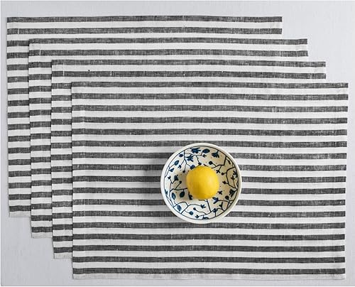 Solino Home Juego de 4 manteles individuales de lino 100 % puro, 14 x 19 pulgadas, rayas Amalfi blancas y negras, lavables para primavera, Pascua