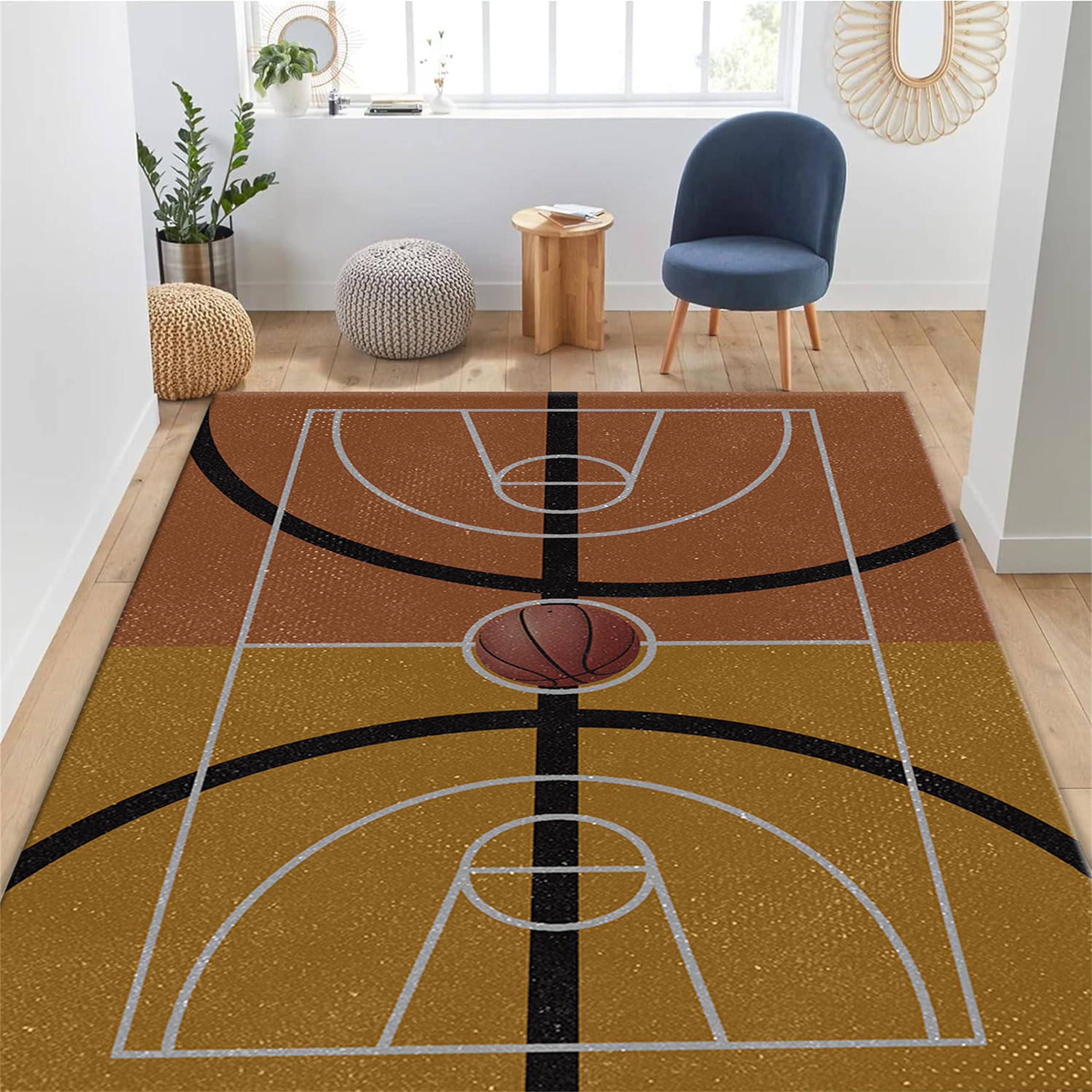 Srocvi Home Area Rugs Orange Yellow Patchwork Basketball Court Print Design Rugs Sports Themed Children's Bedroom Toy Room Entry Doormat Indoor Living Room Throw Rugs for Dining Room Nursery, 6x8ft