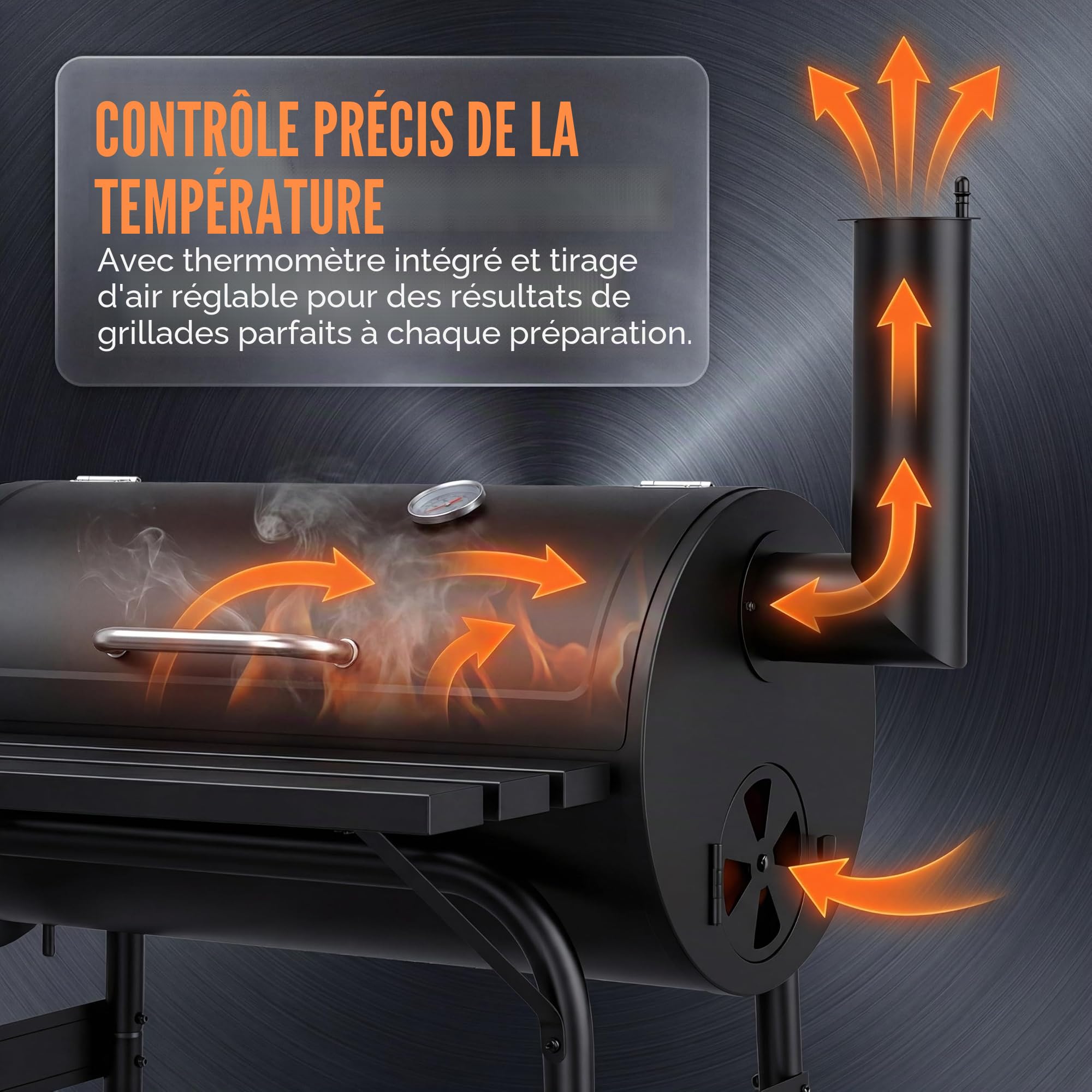 Barbecue à charbon de bois avec 2 chambres, chariot de barbecue avec thermomètre, barbecue fumoir pour griller indirectement et fumer, barbecue de jardin mobile avec étagères, noir