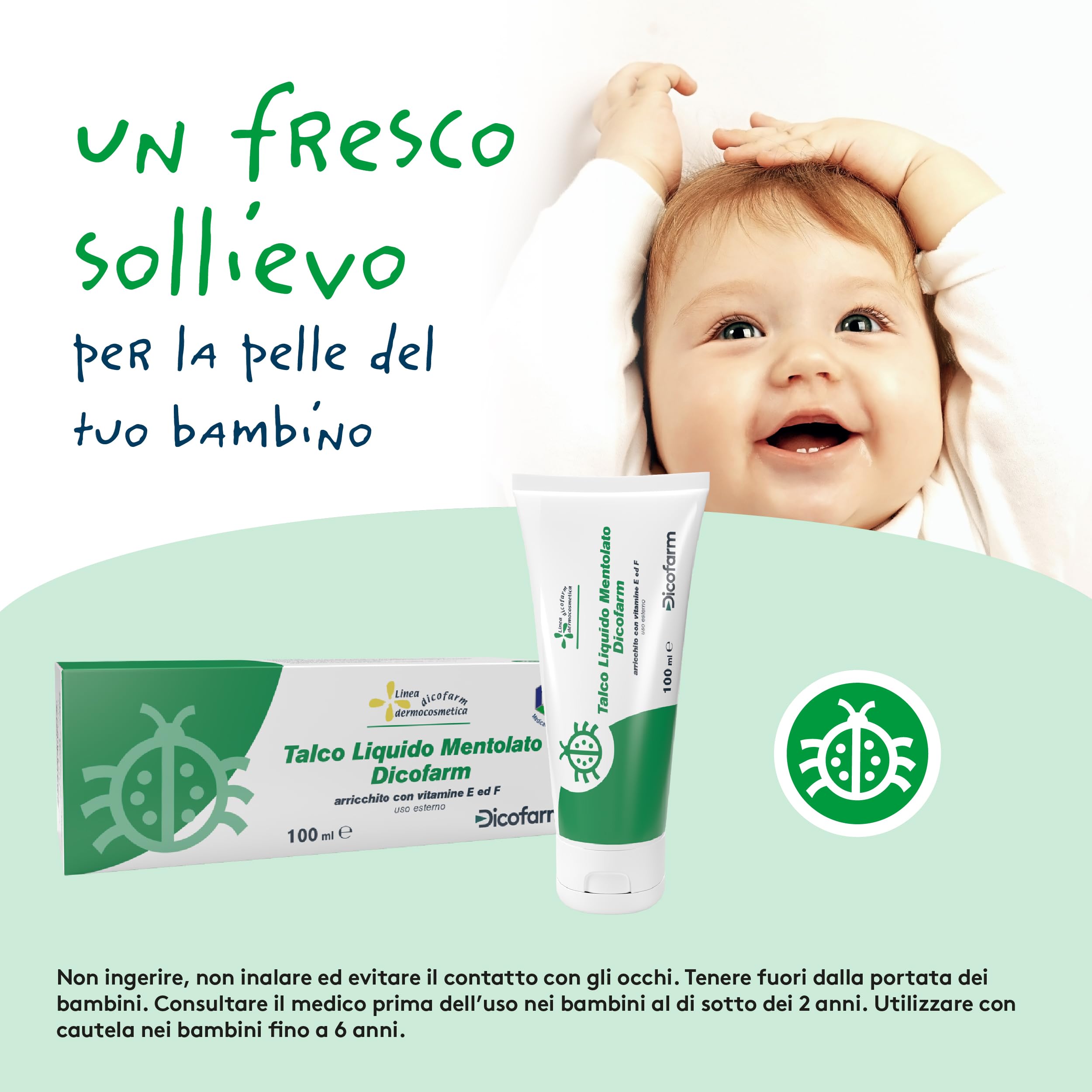 Talco Liquido Mentolato Dicofarm 100 ml | Lenitivo e Rinfrescante con Mentolo | Sollievo da Prurito e Sudamina | Con Vitamina E e F | Pelle Sensibile e Bambini