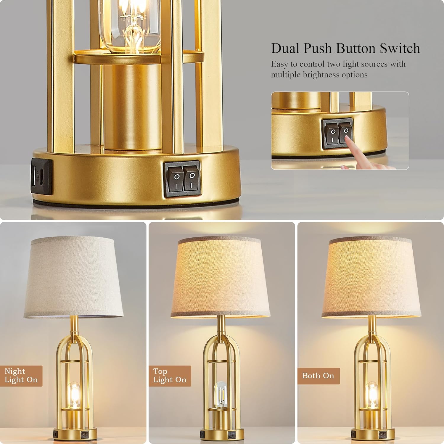 Gold Table Lamps for Living Room Set of 2 - Modern Farmhouse Bedside Lamps for Bedroom Night Stands with Nightlight and USB A+C, Industrial Lamp for Living Room End Tables 5.Button Switch - Gold