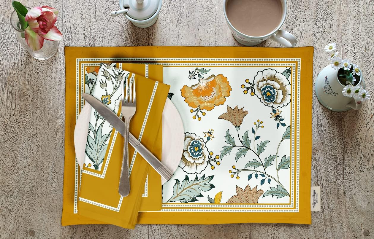 Placemats - Placemat for Dining Table, Set of 4- Printed & Reversible Cotton Napkin- Indoor Placemats for Home & Kitchen Dining Table- Asian Floral (Mustard Yellow)
