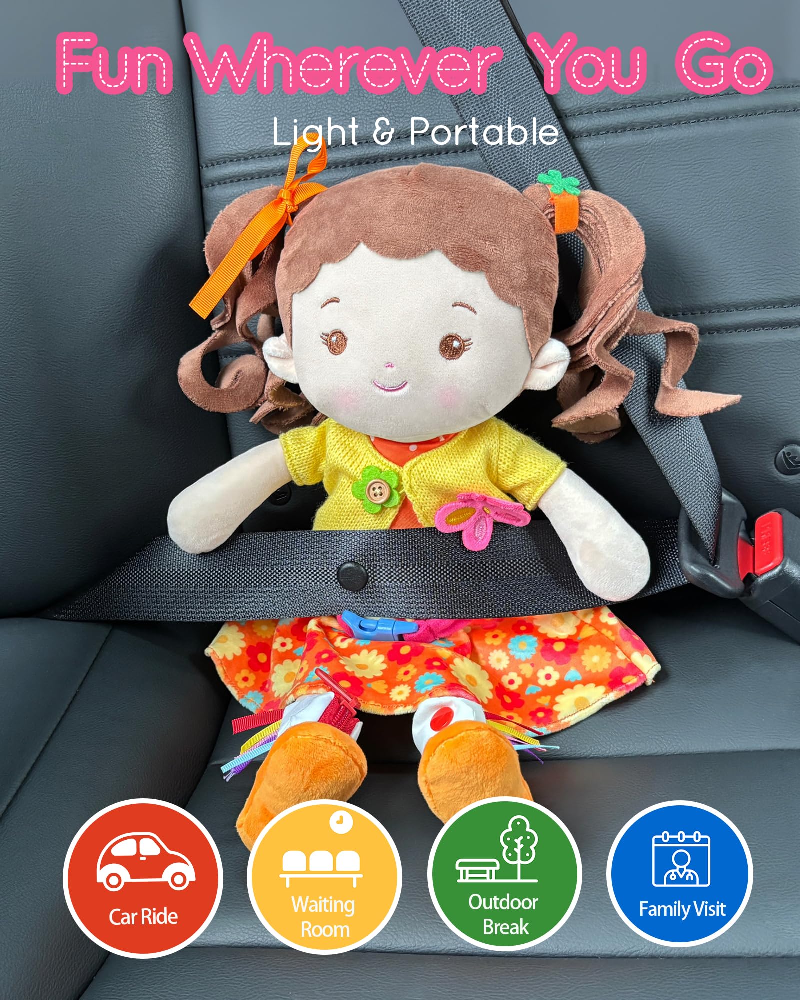LeyaDoll Muñeca educativa Soft Bady (16 pulgadas), muñeca sensorial de aprendizaje para niños, juguetes para niñas de 2 años, regalos de Navidad, cumpleaños, muñeca de peluche con botones
