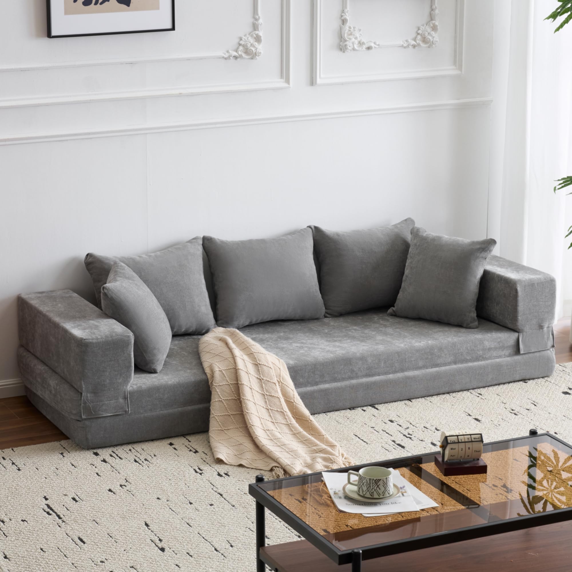AVAWING Convertible Folding Sofa Bed Queen,Sleeper Sofa Couch with Armrest and Pillows,Chenille Fold Out Floor Chaise Lounge,Comfy Foldable Futon Mattress For Living Room,Bedroom(Grey,200cm)
