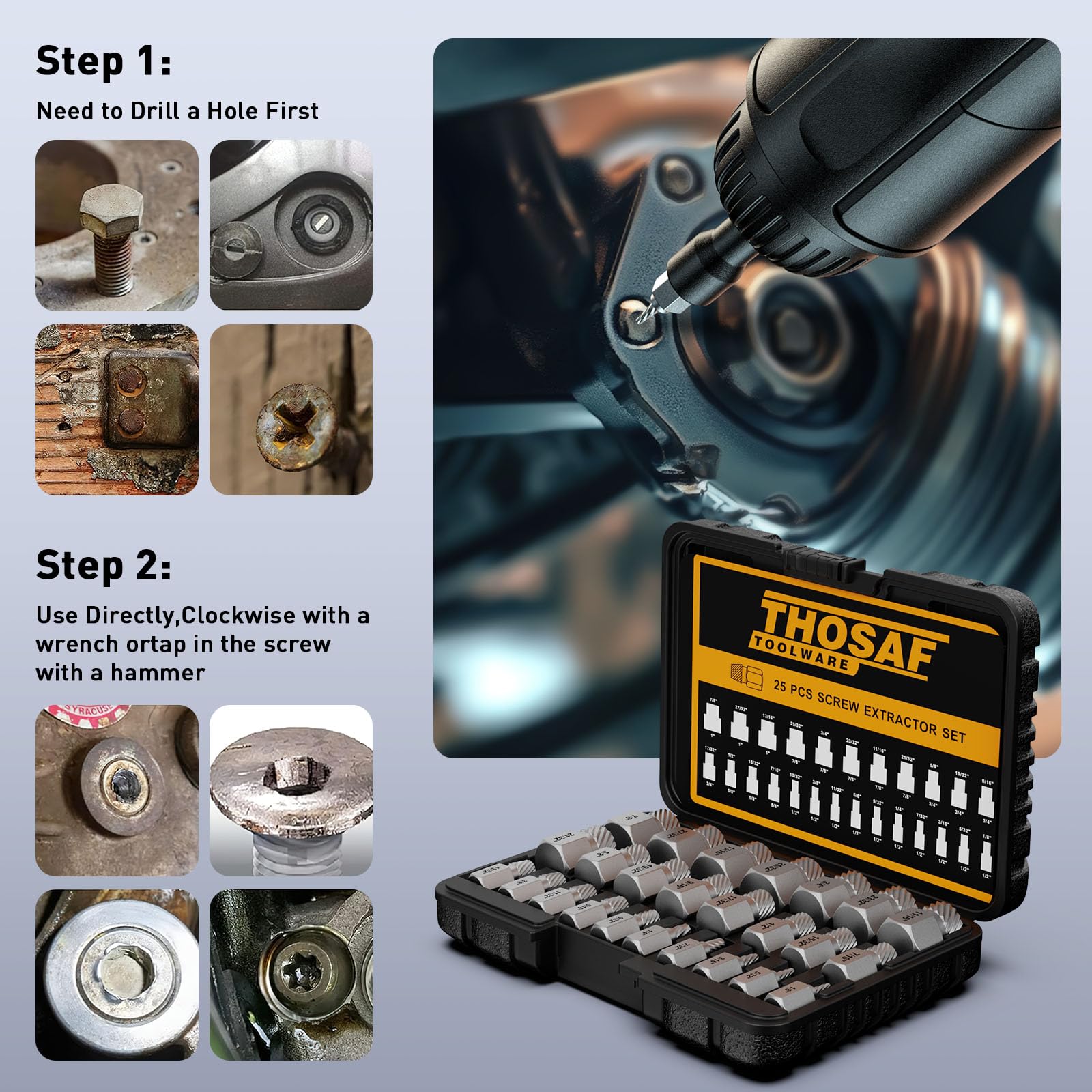Set di estrattori per viti, 25 pezzi, set di estrattori per bulloni Easy Out, vite multispline e testa esagonale, per rimuovere borchie rotte, bulloni, viti, 1/8 pollici a 7/8 pollici con incremento