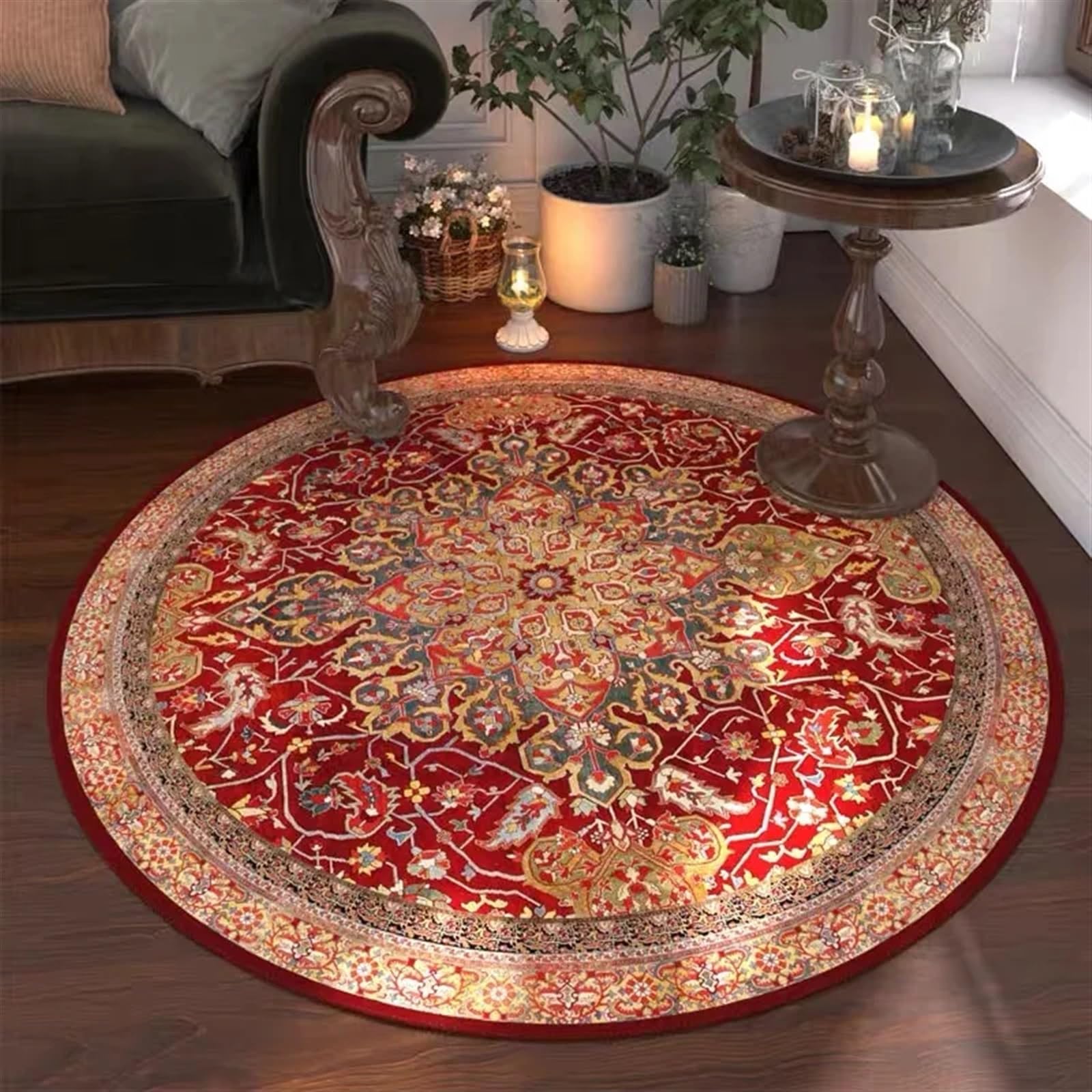 Tapis rond salon vintage américain 80cm boucle pile lavable et antidérapant QSXB-6