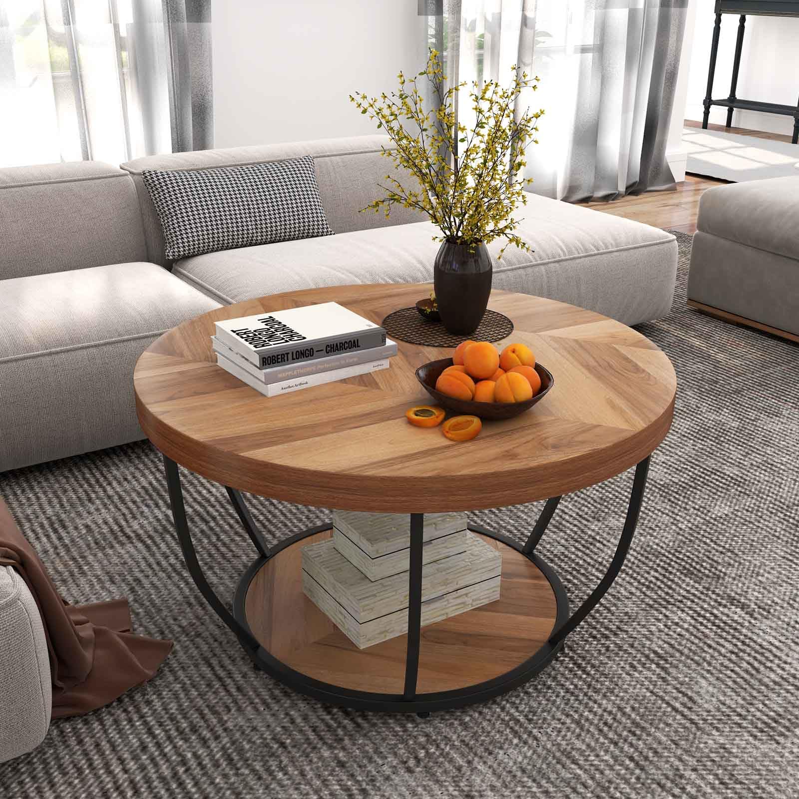 LIFEZEAL Tavolino Salotto Rotondo a 2 Ripiani, Stile Industriale, Tavolino da Caffè, Soggiorno, Divano, Basso, in Legno e Metallo, Montaggio Semplice, Max 90kg, Ø80x45cm, Naturale