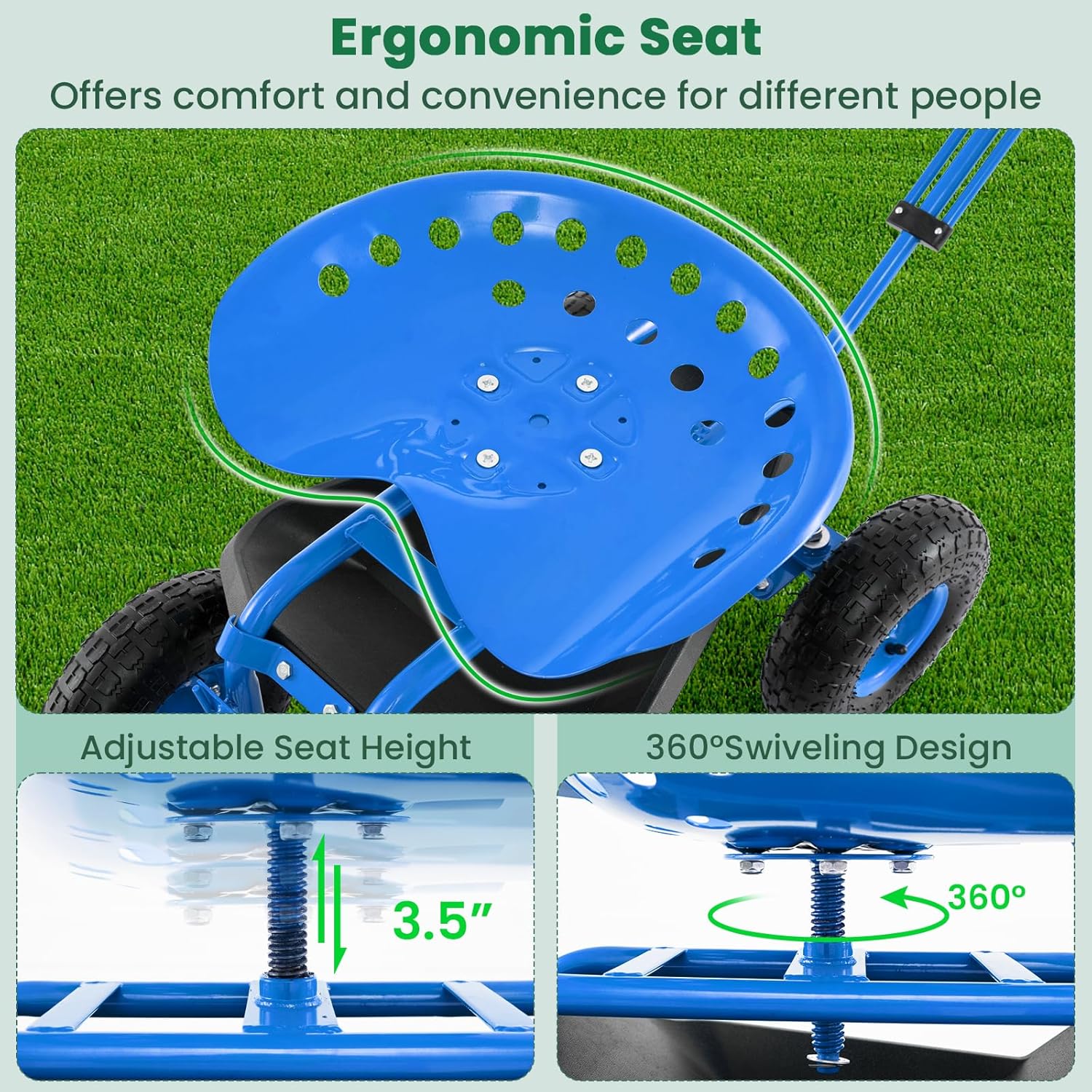 Giantex Rolling Garden Workseat with Wheels, 360 Degree Swivel Gardening Stool Cart with Storage Basket, Adjustable Height, Steering Handle, Steel Frame, Outdoor Work Seat for Planting Triming (Blue)