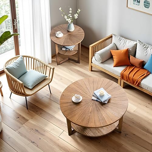 Miniatura 3 de Mesa auxiliar redonda para sala de estar, mesa de centro circular de 2 niveles con gran almacenamiento, moderna mesa de centro circular rústica con