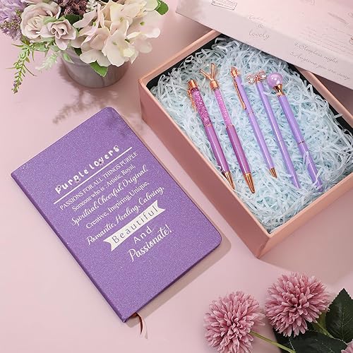 Miniatura 6 de Regalos morados para mujeres, diario morado con purpurina con 5 bolígrafos, regalos morados para amigos, mamá, ella, hermana, compañera de trabajo,