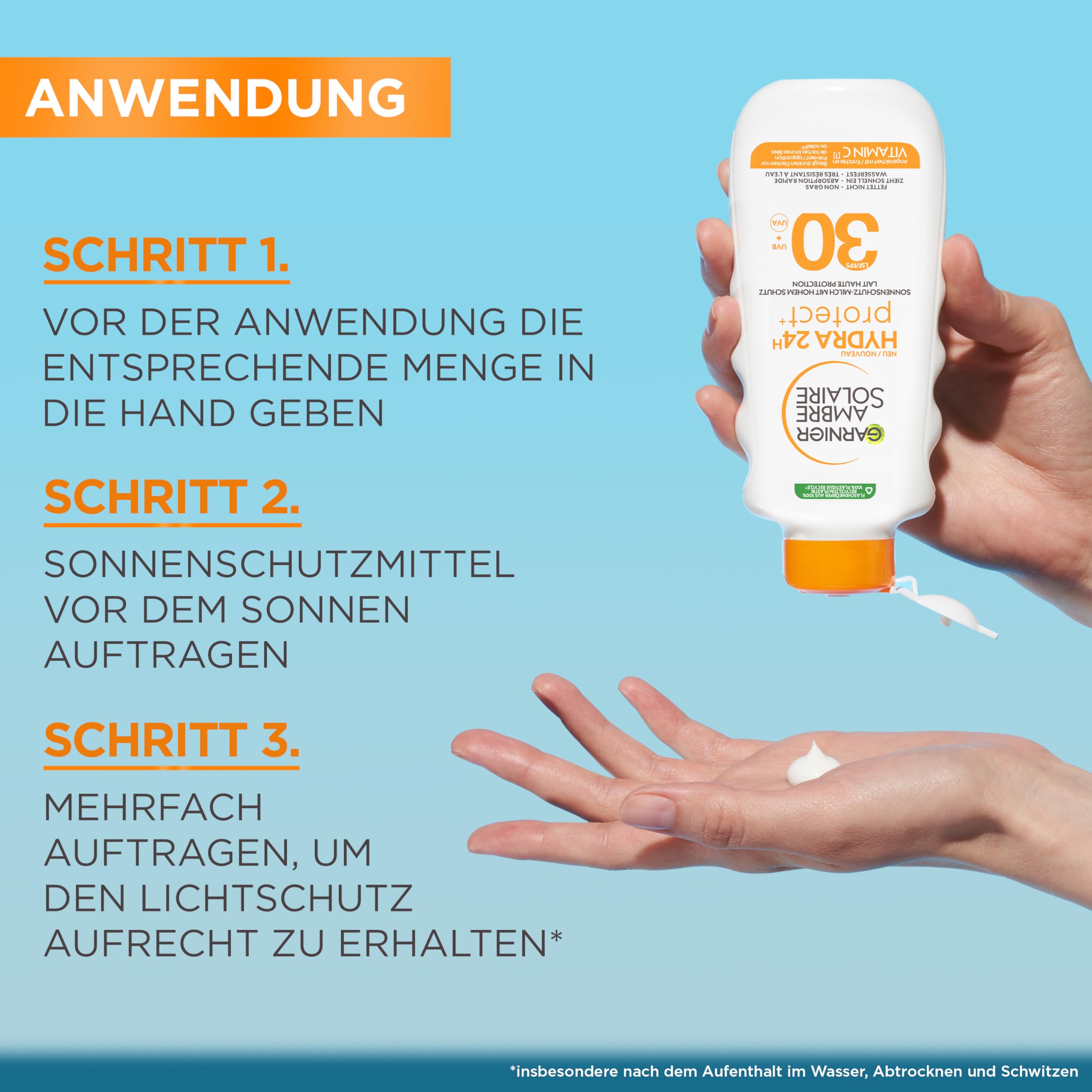Garnier Ambre Solaire Hydra Protect+ mleczko chroniące przed słońcem, 24 h, LSF 30, ochrona przed promieniowaniem UVA i UVB, z witaminą C, 175 ml