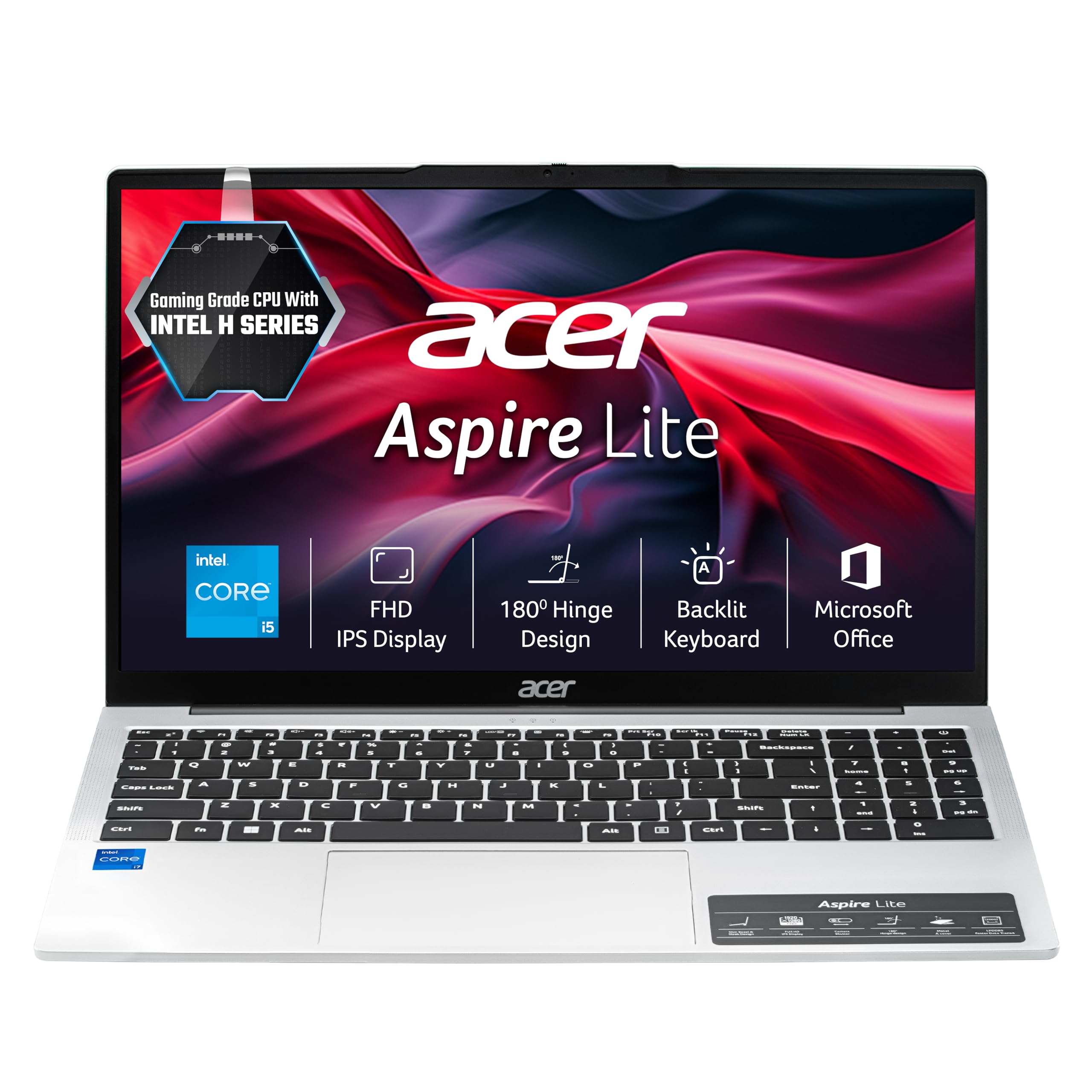 Aspire Lite, 12th gen, Intel Core i5-12450H Processor, 16 GB, 512GB, Full HD IPS, 15.6"/39.62 cm, Windows 11 Home, MSO, Pure Silver, 1.70 kg, AL15-52H, Backlit Keyboard