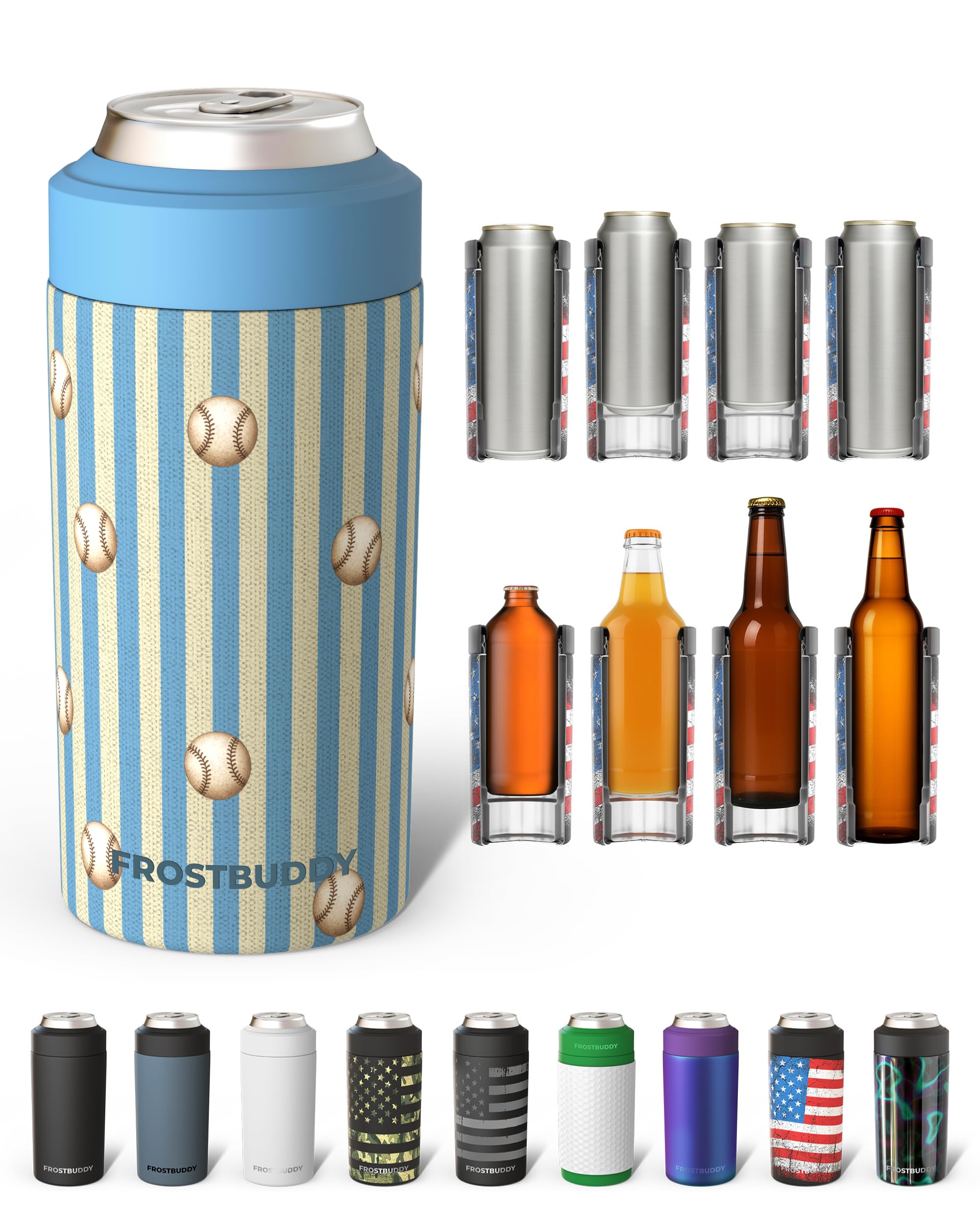 Frost Buddy Universal Can Cooler, Stainless Steel, Vintage Baseball