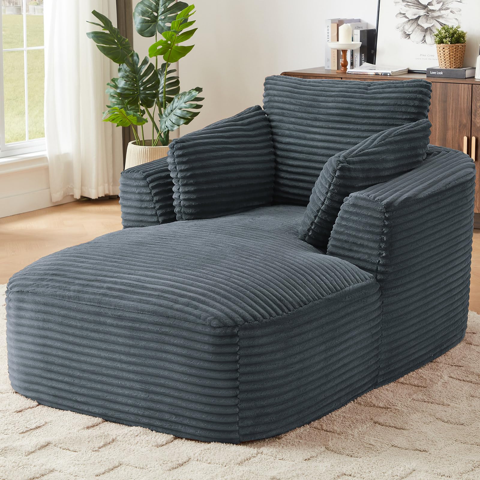 45” Chaise Lounge Chair Indoor, Corduroy Oversized Chaise Lounge with 3 Pillows for Bedroom Living Room, Boneless Chair with Armrest, No Assembly Required (Dark Grey)