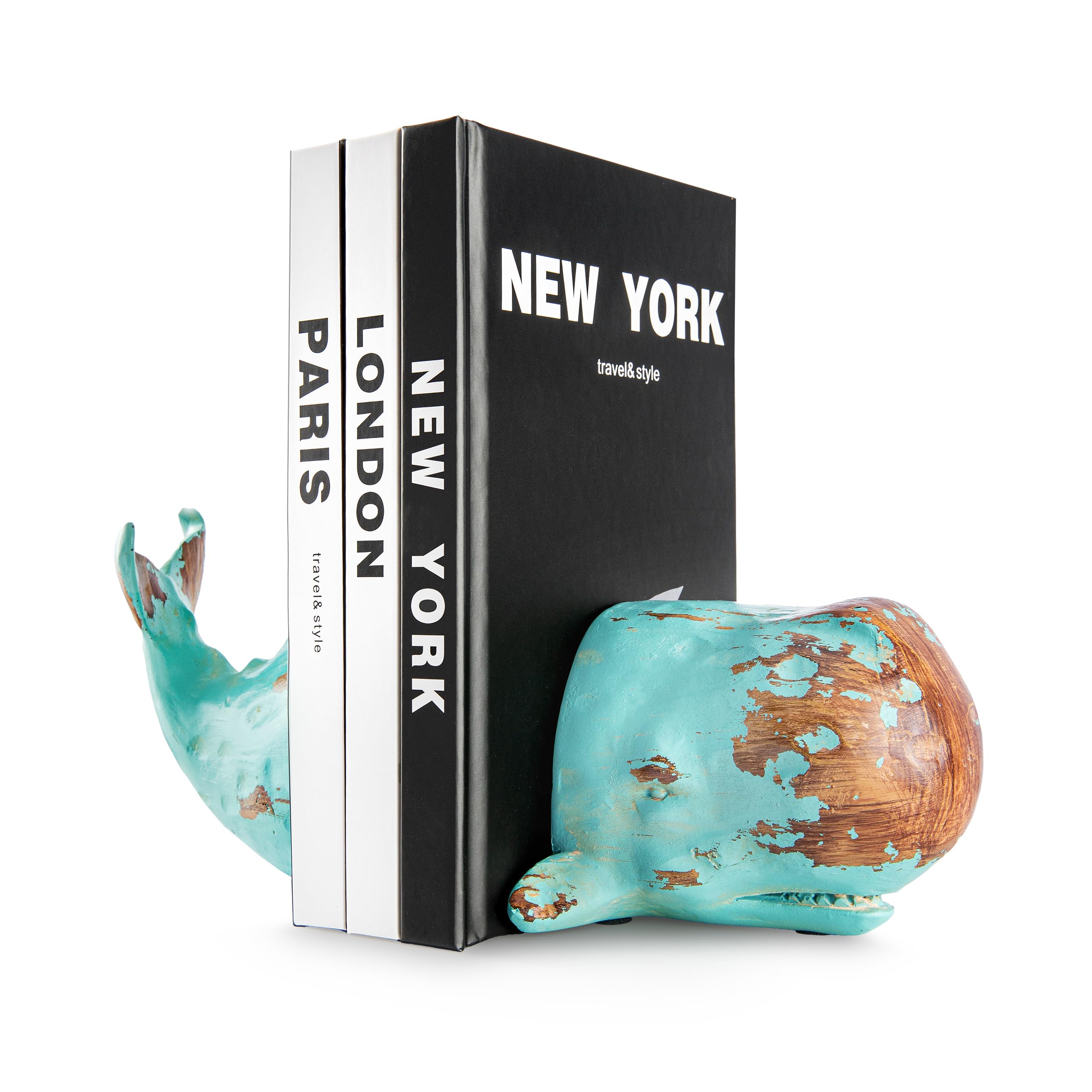 Buchstützen Wal | dekorative Buchstütze auf Kunststein (Polyresin) | Bookend ist 1,25 KG schwer, solide ausgefüllter Kern | Rutschfester Boden, Oberfläche strukturiert und handbemalt