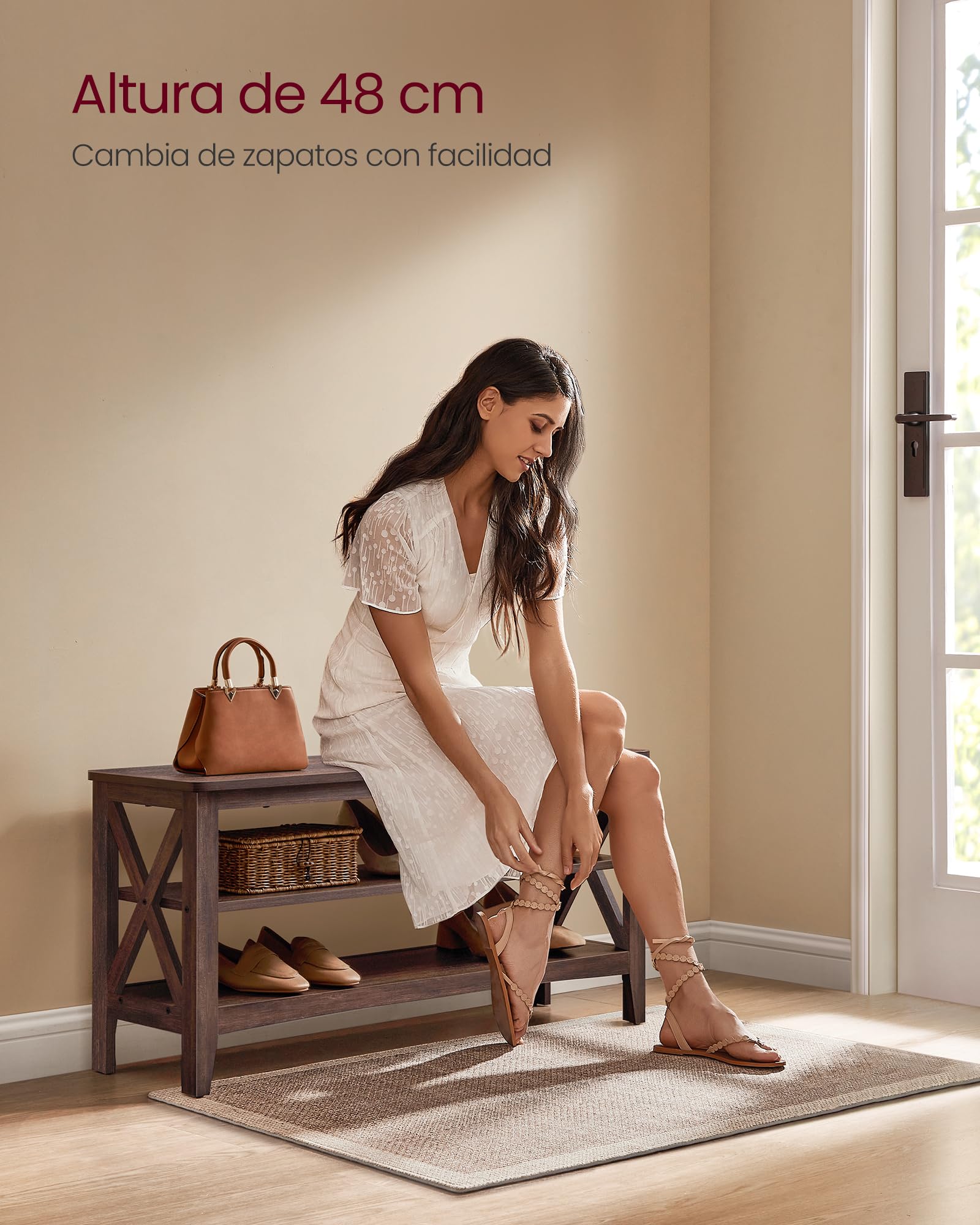 Vasagle Zapatos, Banco para Pasillo, Zapatero de 2 Niveles, 30 x 100 x 48 cm, Soporta hasta 272 kg, Estilo Rural, para Salón, Dormitorio, Granate LSB153K51, Marrón Miel, 30 x 100 x 48cm
