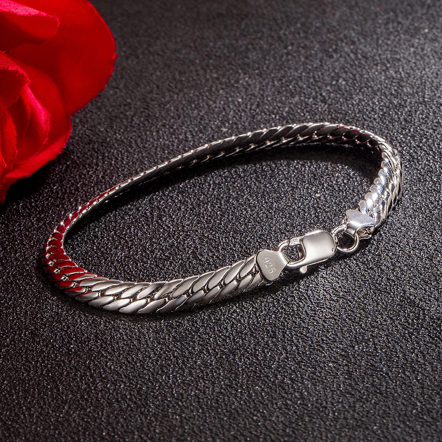 Dankadi Braccialetto a forma di serpente, 6 mm, in argento Sterling 925, 24 K, dorato, catena a serpentina piatta 6,7" a 9", bracciale morbido, maglia rotonda, regalo di gioielli per festa per uomo e