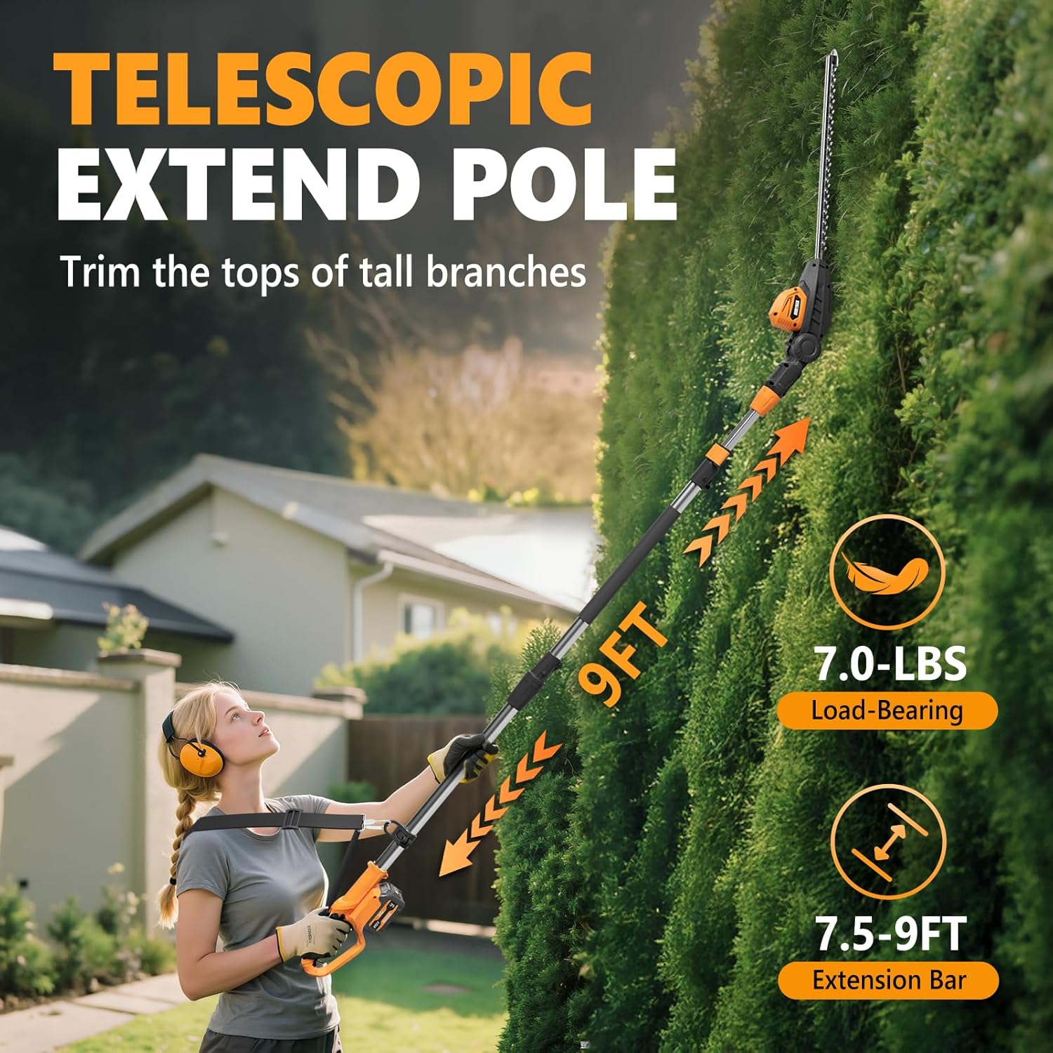 Alloyman 20V Pole Hedge Trimmer, Cordless Hedge Trimmer with 2 Packs 4.0Ah Battery & Charger, 9-Feet Reach, Electric Bush Trimmer with Extension Pole for Shrubs Pruning - Image 2