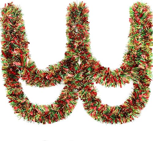 Guirnalda de oropel de Navidad de 39.4 pies con 12 lazos rojos, guirnalda metálica de oropel colgante para interiores y exteriores, corona de oropel