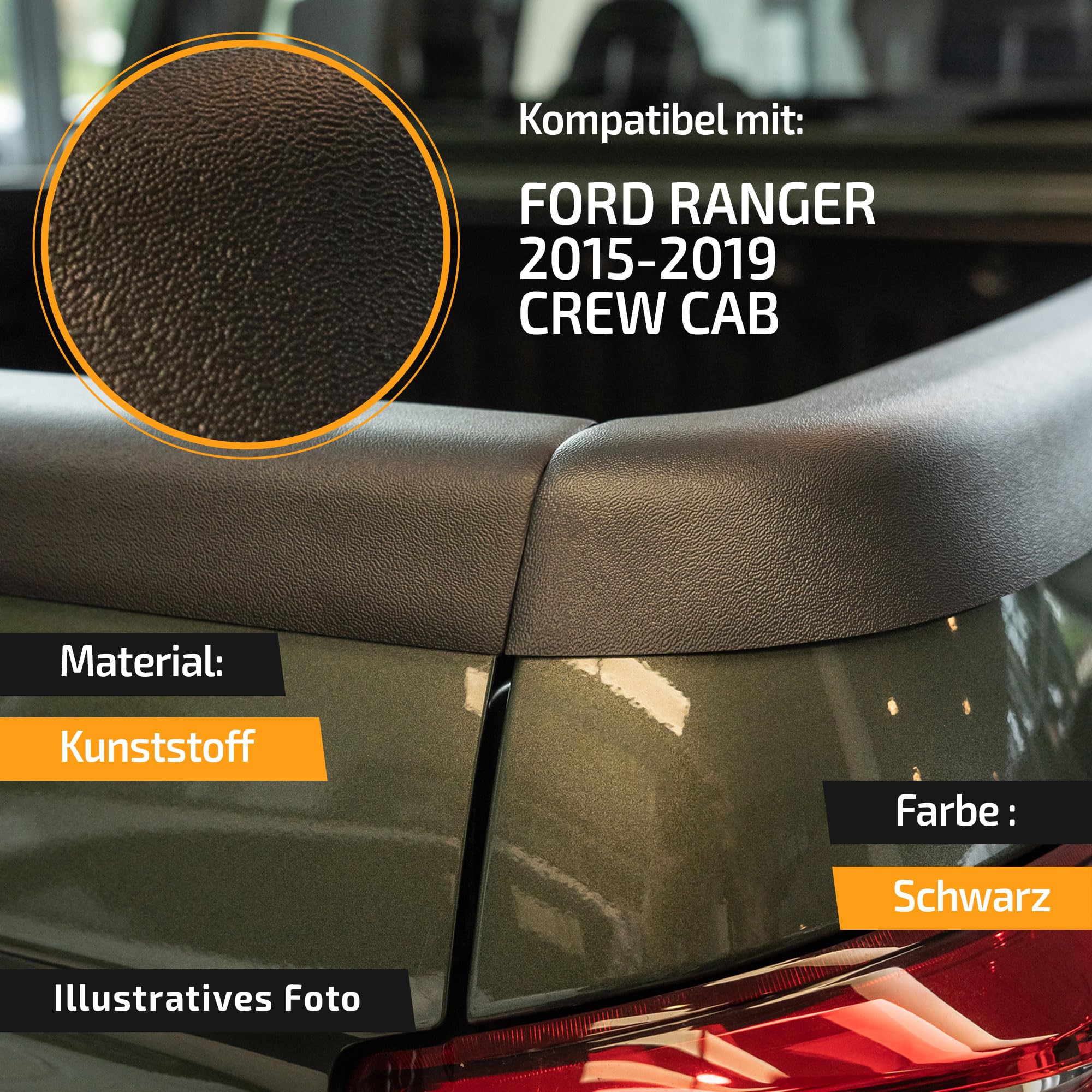 CHROMEMASTER Rantabdeckung für Pick-up Ladefläche Kompatibel mit Ford Ranger Crew Cab 4D 2011-2023 | Robuste Schutzleiste für die Ladekante; Ladekantenschutz, Kratzschutz und Kantenschutz; Kunststoff