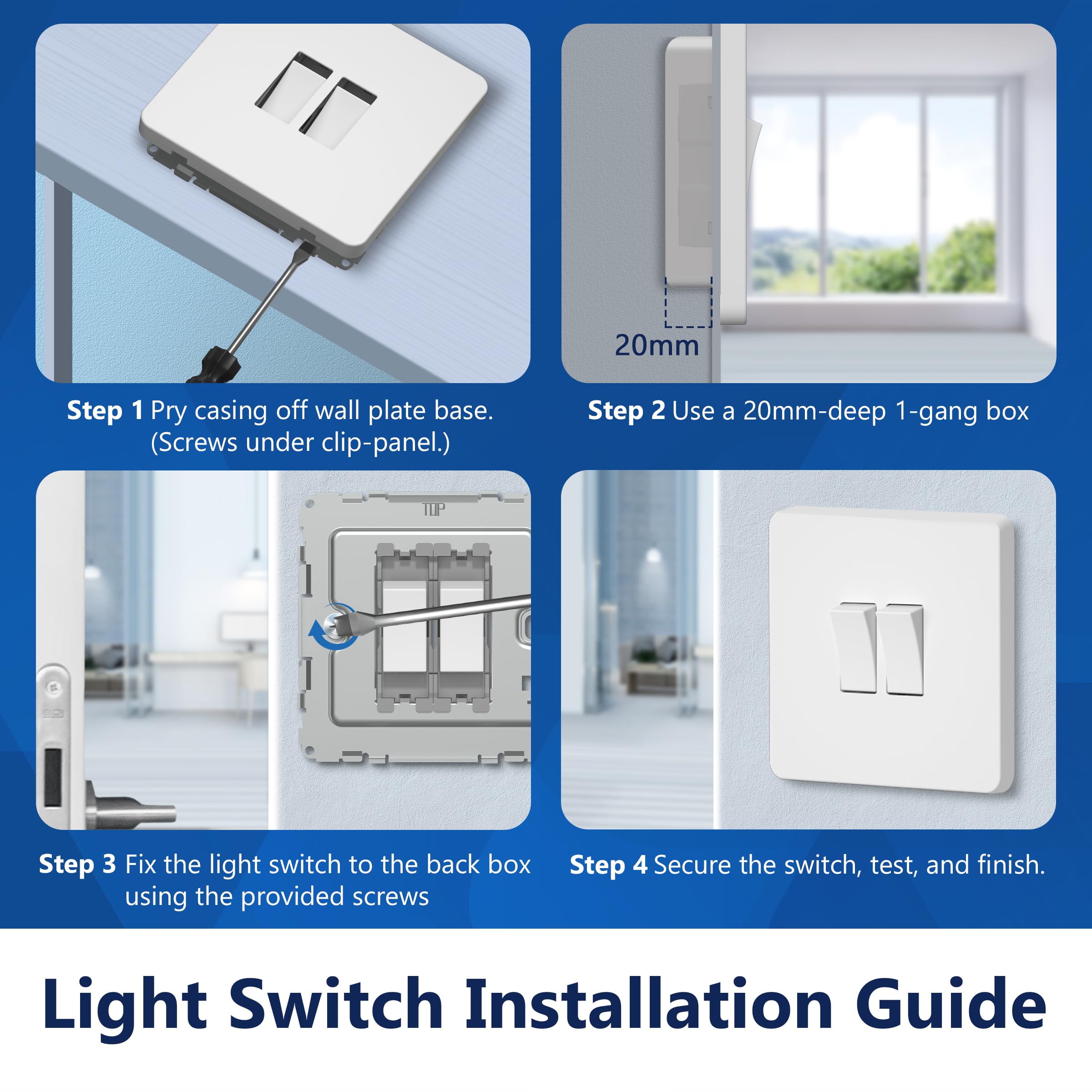 LIDER 2-Gang Screwless Light Switch, 1-Way/2-Way, UKCA Certified, Plastic Screwless Faceplate, RoHS Compliant - Image 2