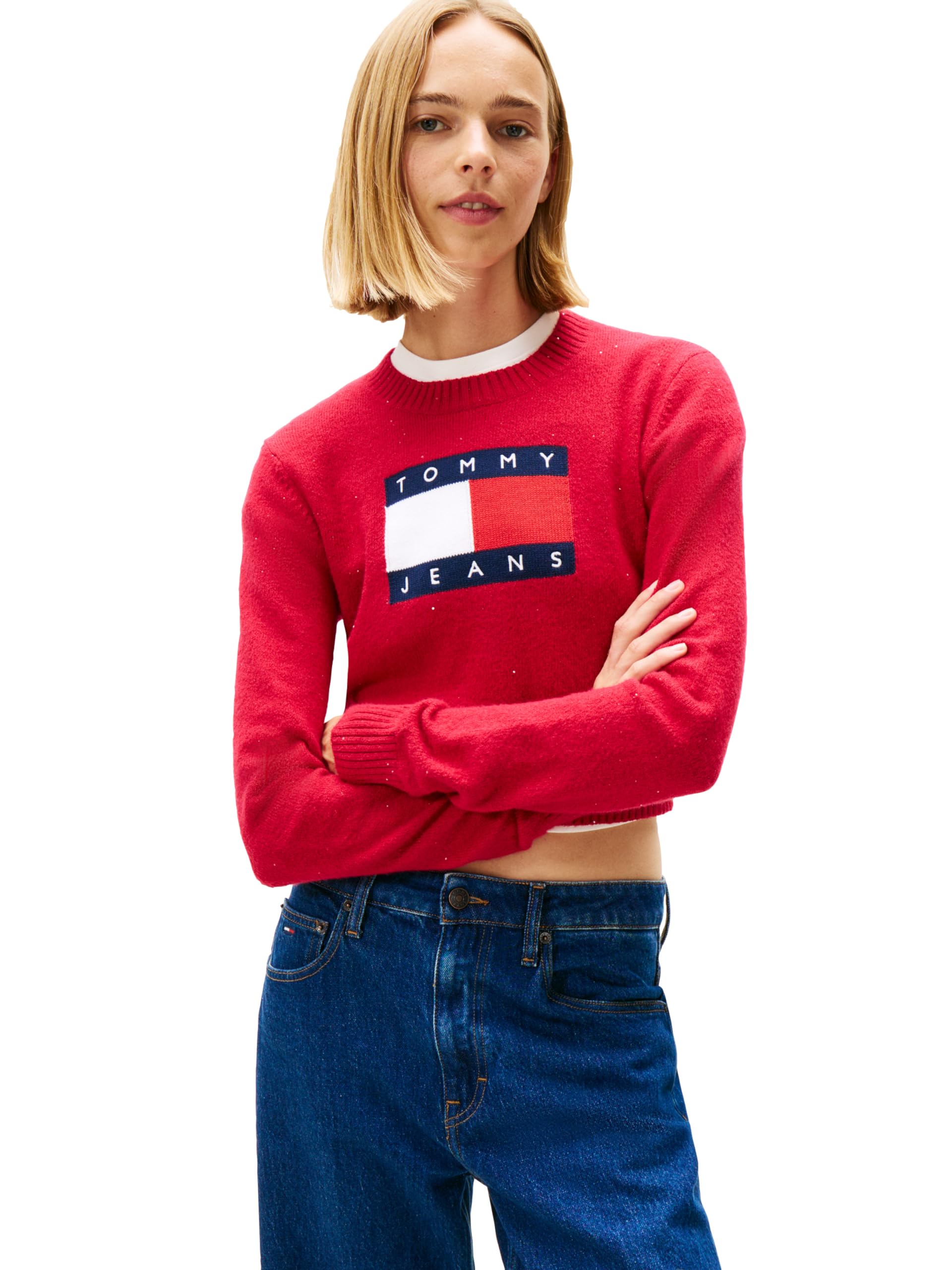 Tommy Jeans womens Long Sleeve Pullover Crewneck Sweater With Big Flag Logo and Sparkle Detail